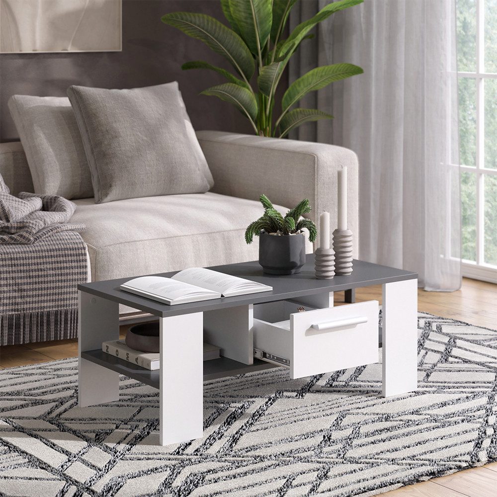 Vicco Couchtisch Wilmut, Anthrazit/Weiß, 89.8 x 46.4 cm mit Schublade