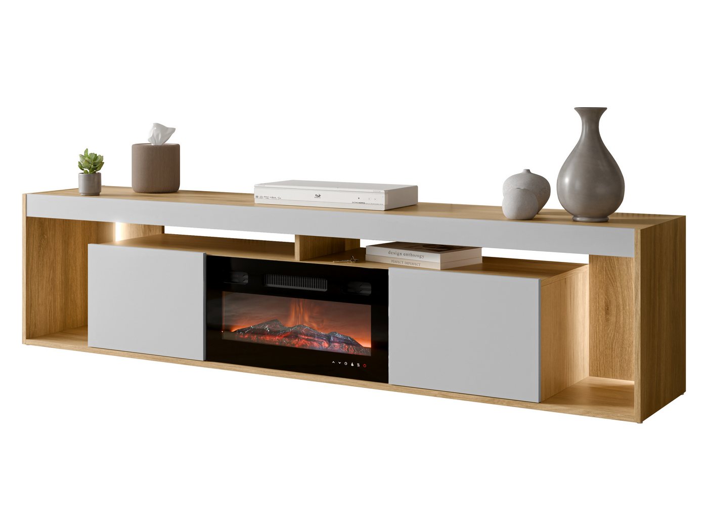 MIRJAN24 TV-Schrank Fiore EF 2D mit Kamin (mit zwei Drehtüren) Realistische Flamme, Heizfunktion, LED-Beleuchtung