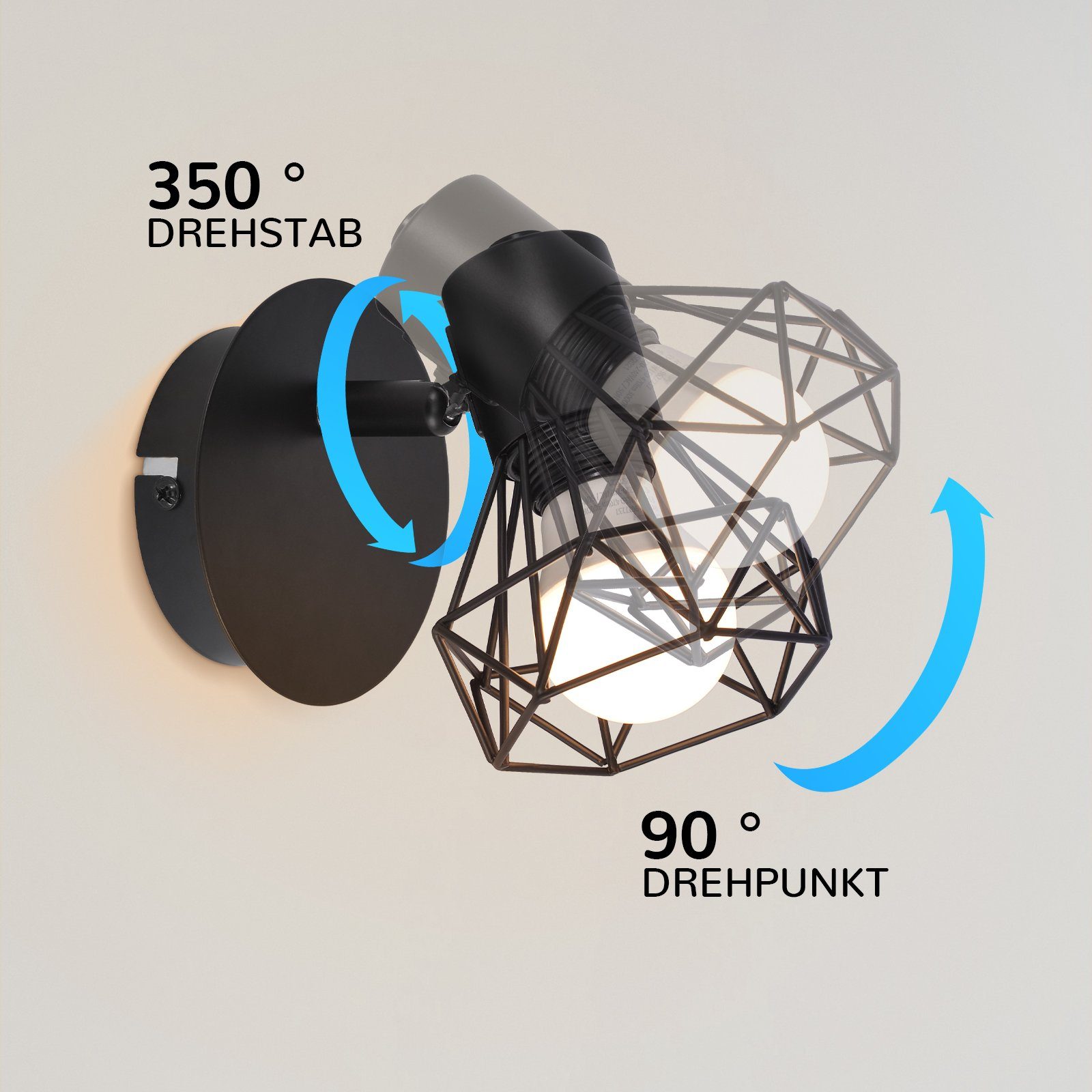 ZMH Wandleuchte Retro Wandstrahler Vintage Wandspot - E14 Verstellbare 350° Flur, OHNE Leuchtmittel, LED fest integriert, 1 Flammig Küchenlampe für Flur Schlafzimmer, Weiß/Schwarz