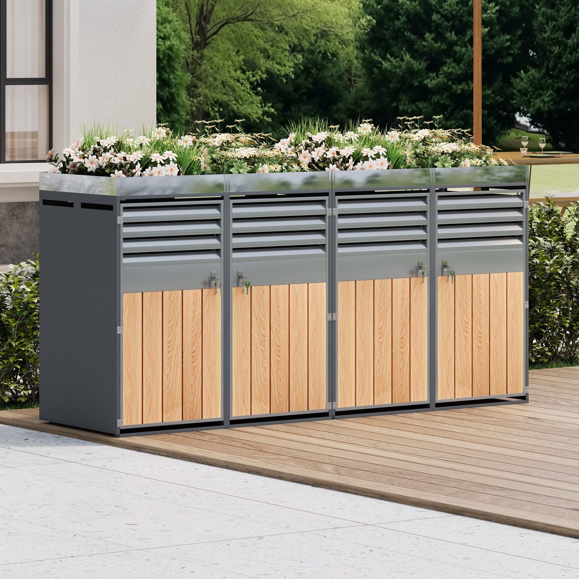 Flieks Mülltonnenbox (2 St), Mülltonnenschrank für 4 Tonnen 120–240L mit Pflanzdach Lüftungsöffnung