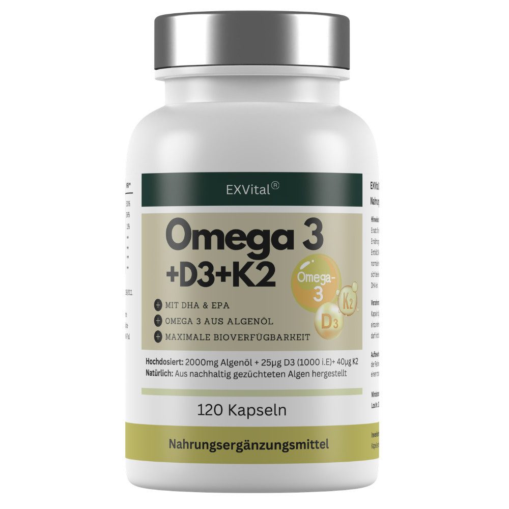 Omega 3 + D3 & K2 Kapseln aus Algenöl, hochdosiert & vegan, 120 Stück Kapseln, 183 g