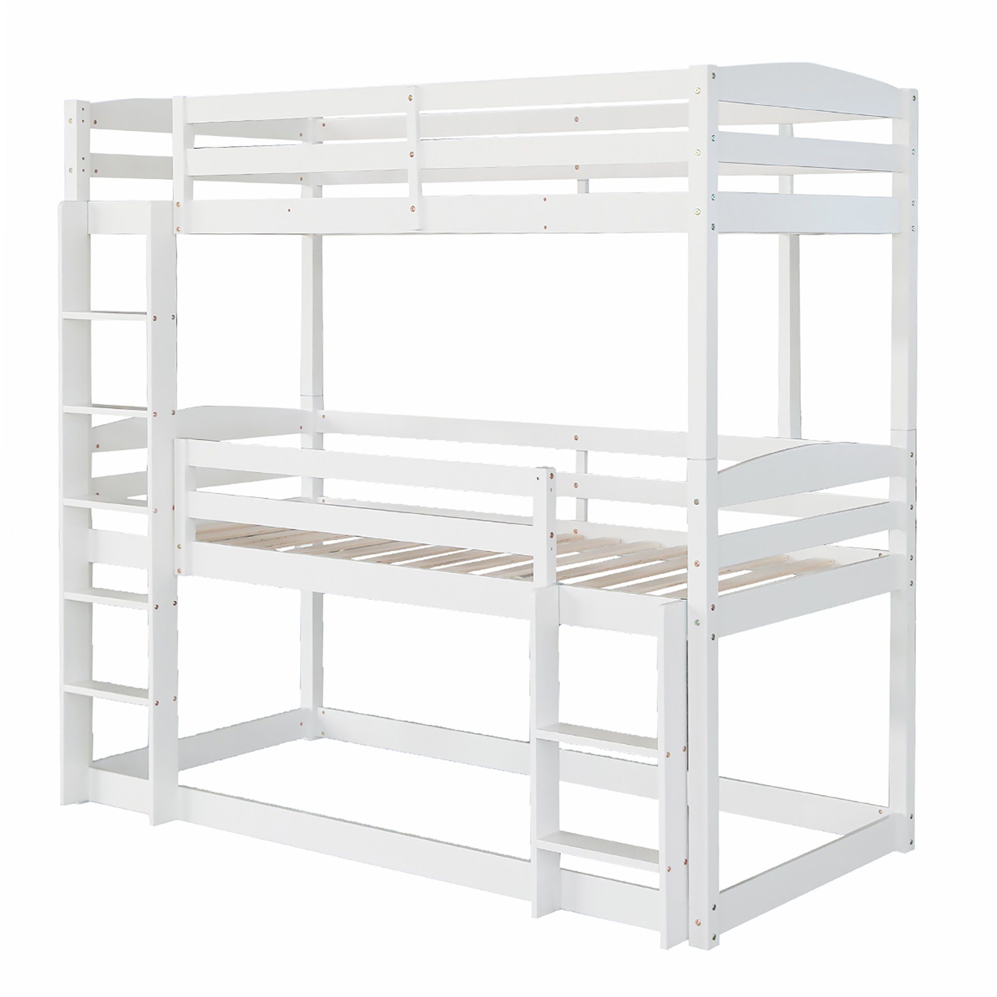 Merax Hochbett 90x200 cm mit drei Ligeflächen, Kinderbett Kiefer mit Leiter Etagenbett verwandelbar mit Rausfallschutz, 3 Stk. Einzelbett