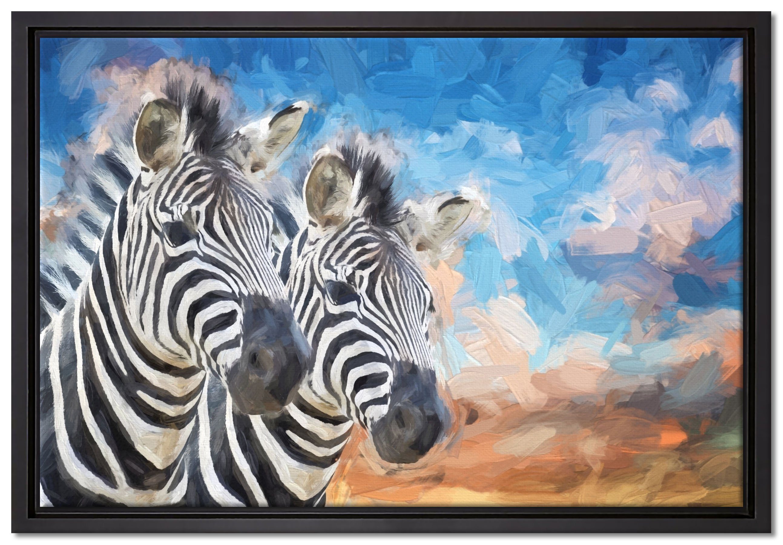 Zebrapaar, Leinwandbild St), Wanddekoration Pixxprint bespannt, einem Zackenaufhänger Schattenfugen-Bilderrahmen inkl. fertig in (1 schönes gefasst, Leinwandbild