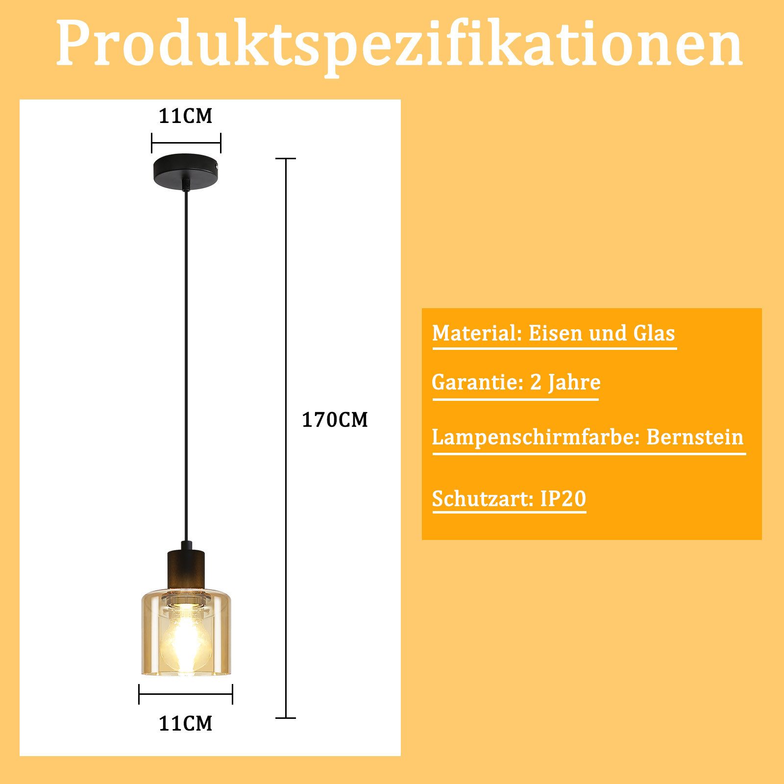 ZMH Pendelleuchte Esszimmer Bernstein 170CM Hängelampe 1 Flammig Vintage Hotel, Hochwertige Design, ohne Leuchtmittel