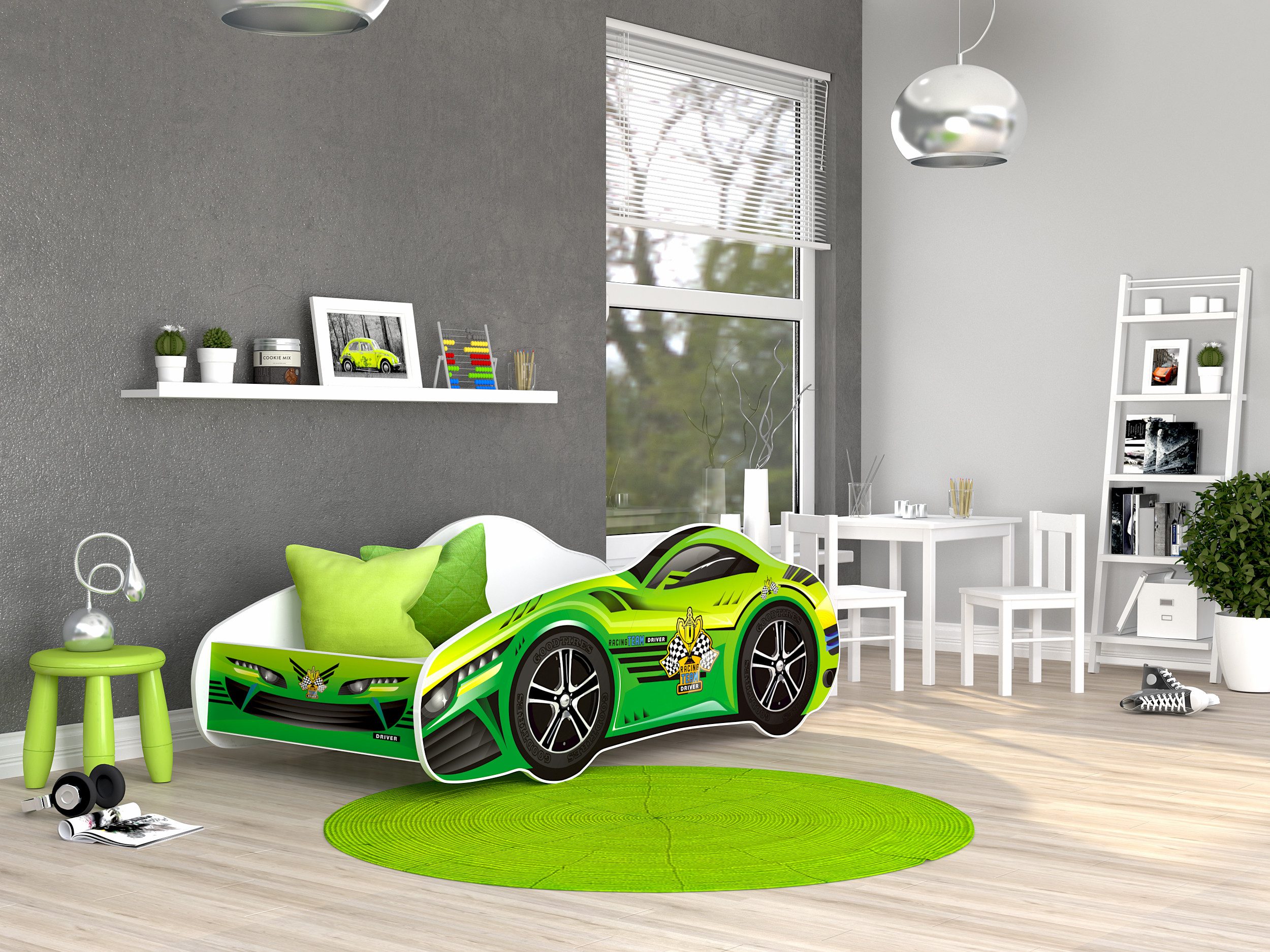 AJKmeble Autobett Kinderbett Jugendbett 70x140cm Gamerbett optional mit Matratze (MADE IN EU - für Jungen und Mädchen, Rennwagen, 140x70cm, beklebtes Spielbett für Ihr Kinderzimmer), Blau, Rosa, Rot, Gelb, Grün und Schwarz - RIESEN AUSWAHL