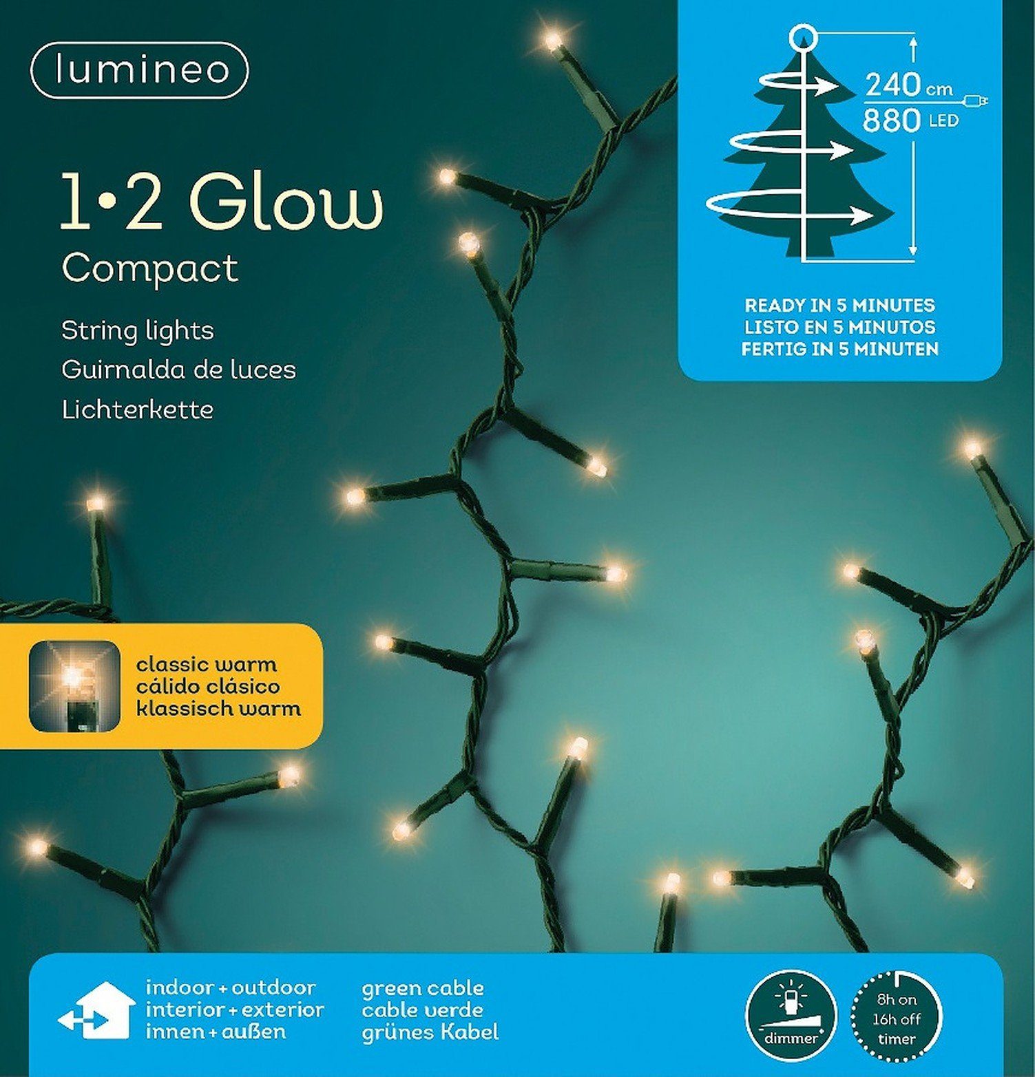 Lumineo LED-Lichterkette Lumineo Lichterkette 1-2 Glow Compact 880 LED 2,4 m klassisch warm, 8h-Timer, dimmbar, Indoor/Outdoor, 8 LED Stränge