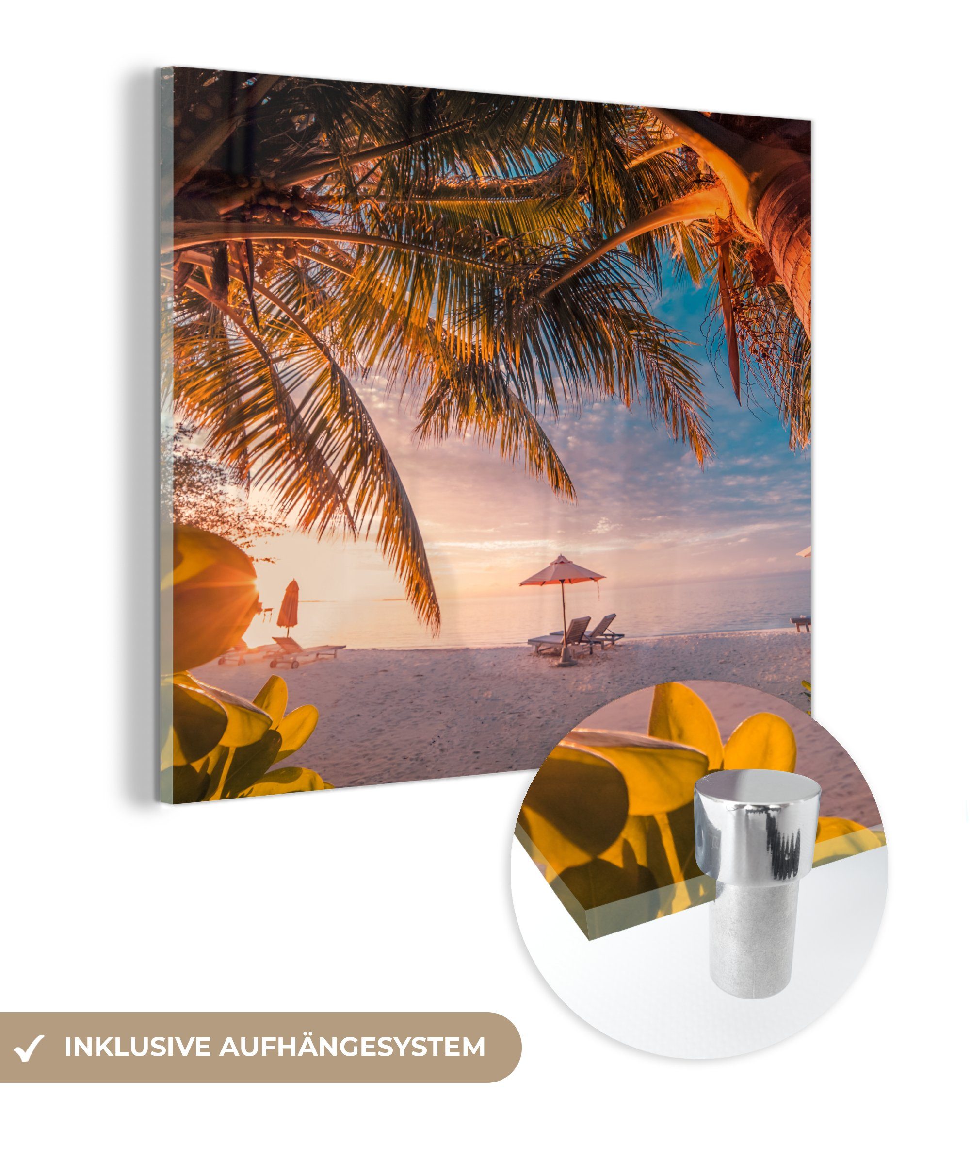 MuchoWow Acrylglasbild Strand - Palme - Meer, (1 St), Glasbilder - Bilder auf Glas Wandbild - Foto auf Glas - Wanddekoration