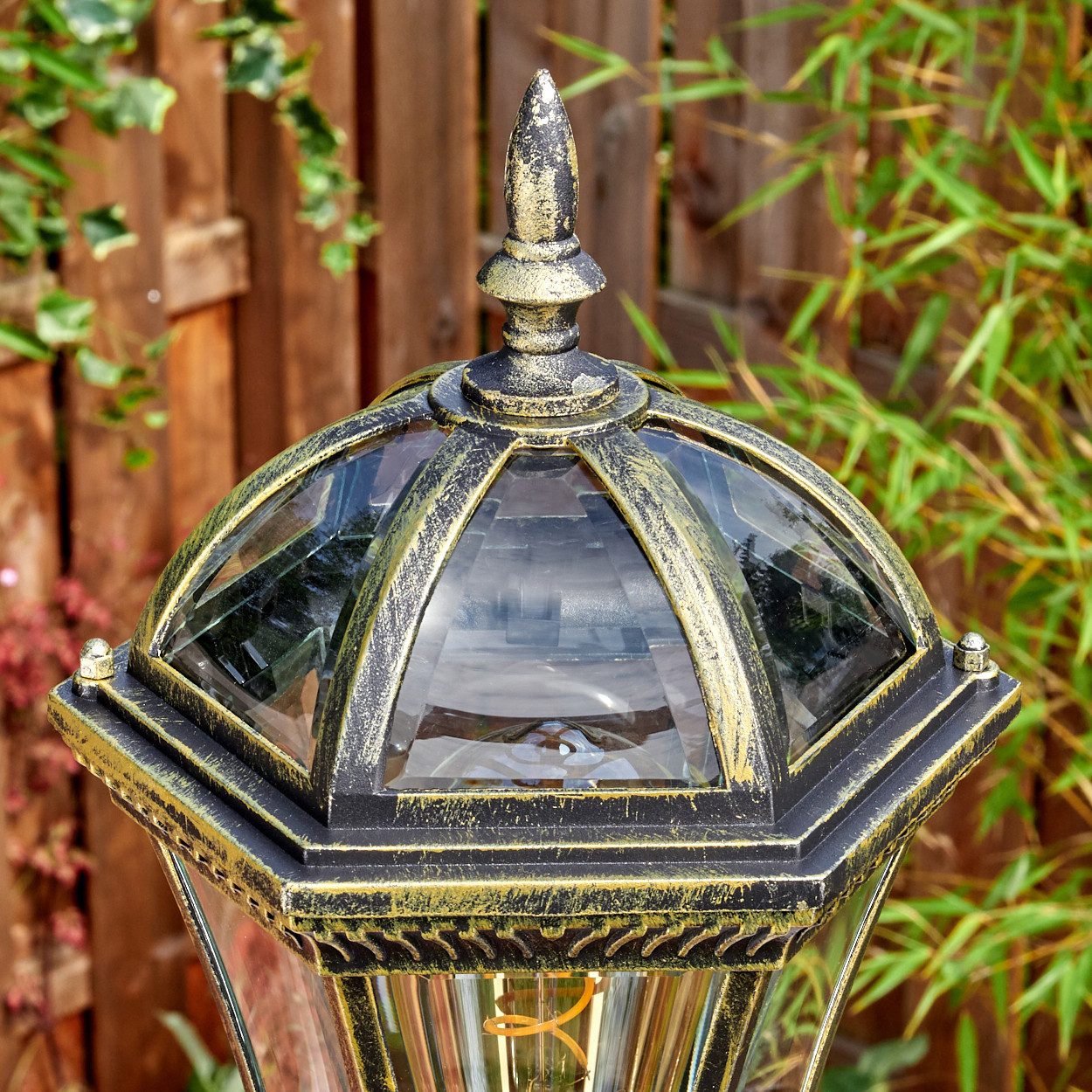 hofstein Pollerleuchte Außenwegeleuchte aus Metall/Glas in Goldfarben/Schwarz/Klar, ohne Leuchtmittel, Wegeleuchte im Antik/Landhaus/Vintage-Design, Höhe 205 cm, E27, IP44