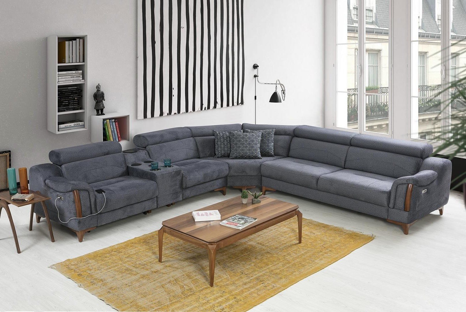 JVmoebel Ecksofa Luxuriöses graues Ecksofa mit Bluetooth-Soundsystem und Kissen, 5 Teile, Made in Europa