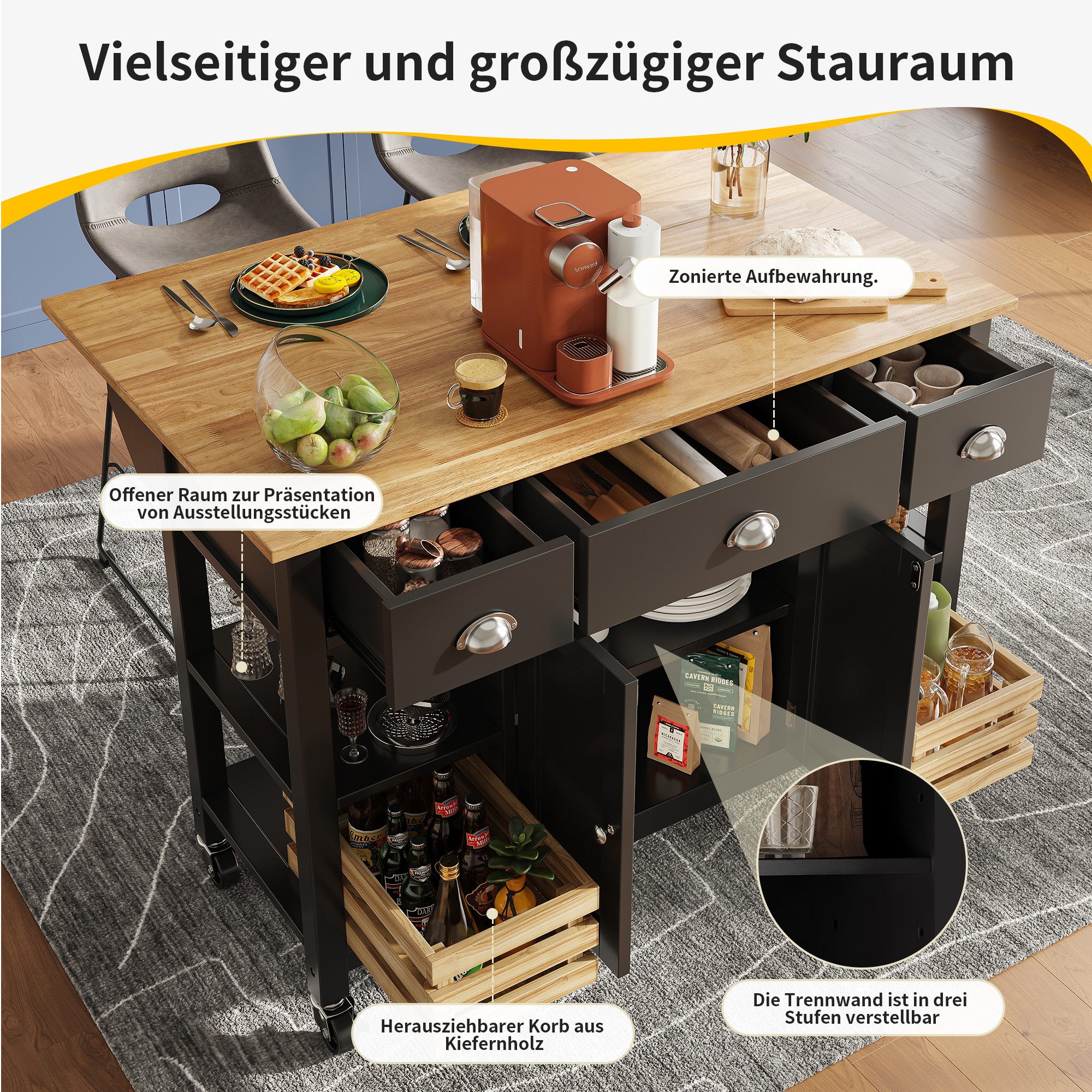 i@home Kücheninsel Küchenschrank, Essschrank, Esszimmerwage,360 Grad drehbare Räder, (Bis 60 kg belastbar, 2 Schiebetüren und 2 Schubladen,120×45×90cm), Multifunktions-Esstisch mit Kiefernkorb Aufbewahrungskorb, schwarz
