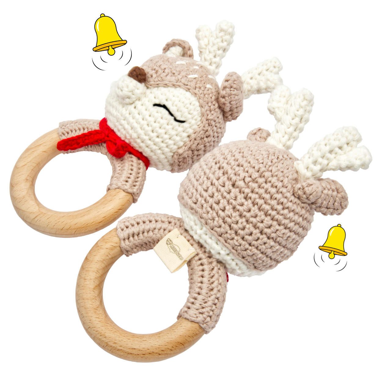 miniHeld Babypuppe Handgestricktes Reh Ivy Set Babyrassel Holzspielzeug und Baumwolle