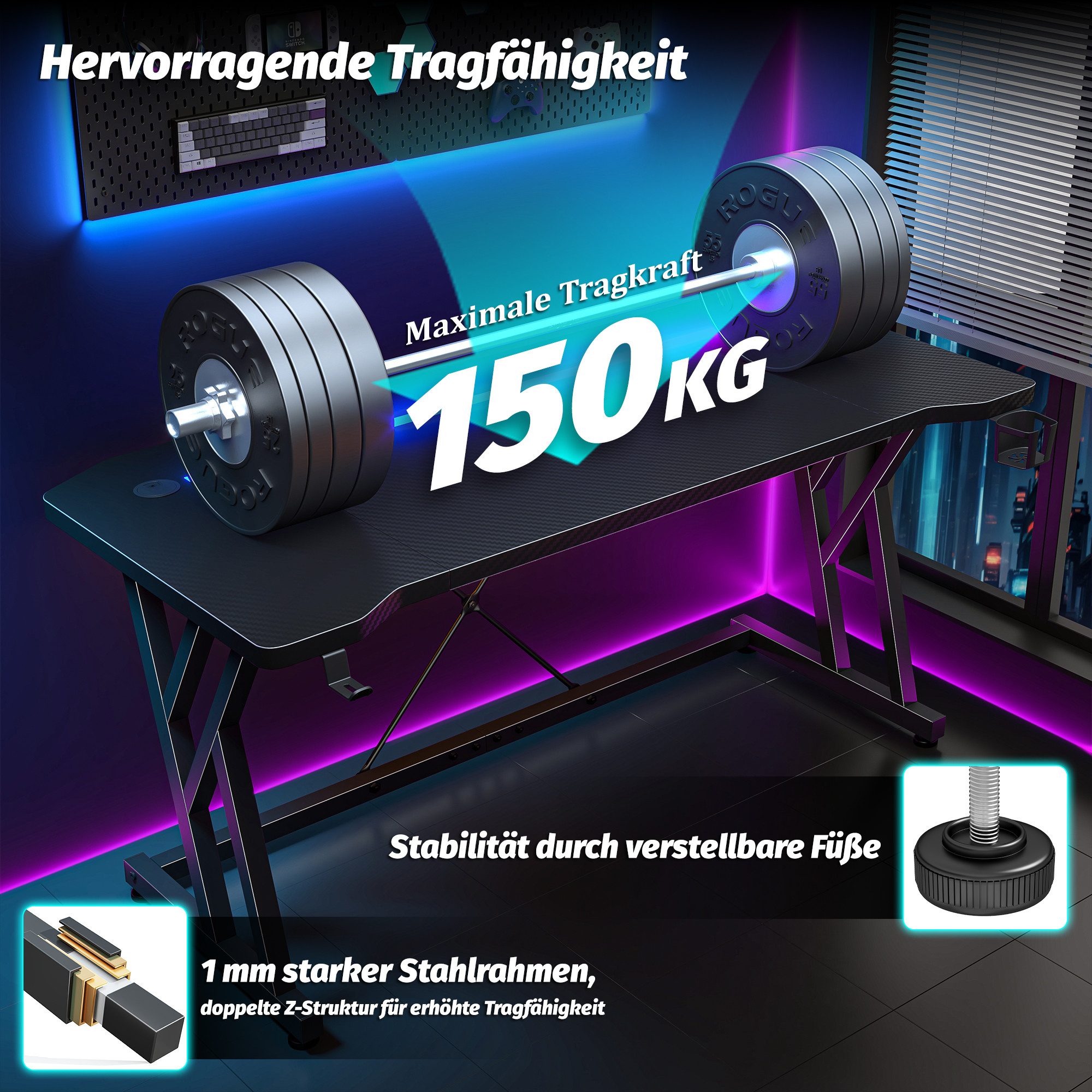 Klyvvo Schreibtisch Gaming Schreibtisch, Computertisch mit RGB LED Beleuchtung (1-St), Computer Tisch Gamingtisch – Bild 4 von 5