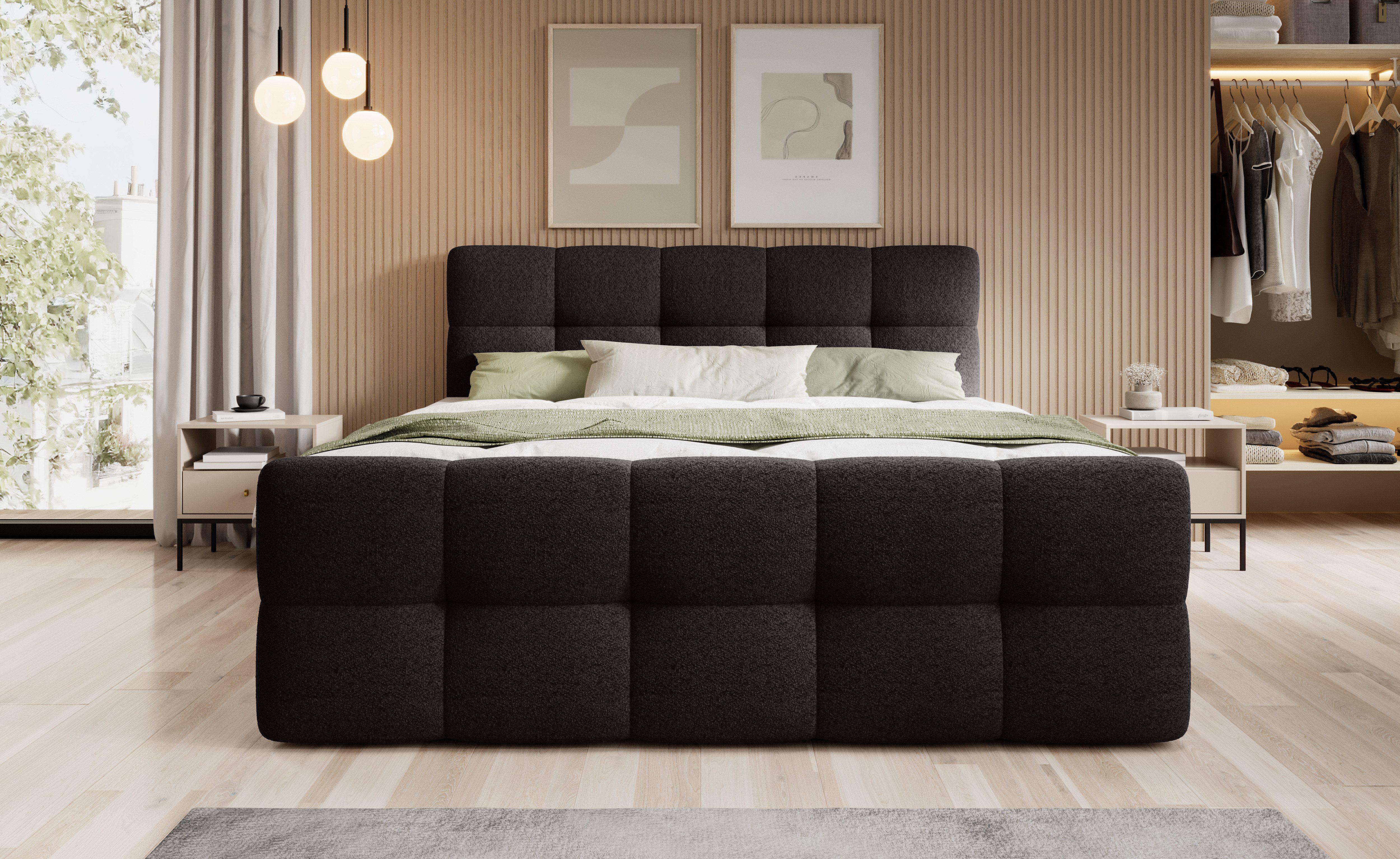 thematys Boxspringbett mit Bettkasten 140x200–200x200 cm – Velours oder Bouclé Bezug – (Polsterbett Bonnellfederkern Matratze H3 + Gratis 3cm Topper, Boxbett - Luxus Doppelbett mit Stauraum)