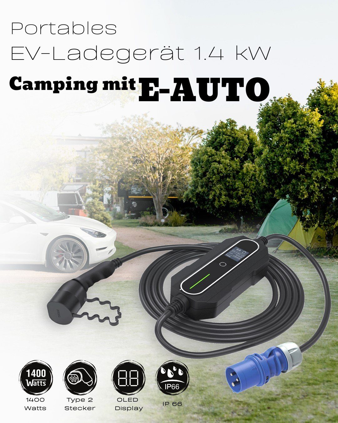 EM2GO Mobiles EV Ladegerät 1,4 kW Wallbox Typ 2 CEE Blau IP66 OLED 5m Autoladekabel, Ampere