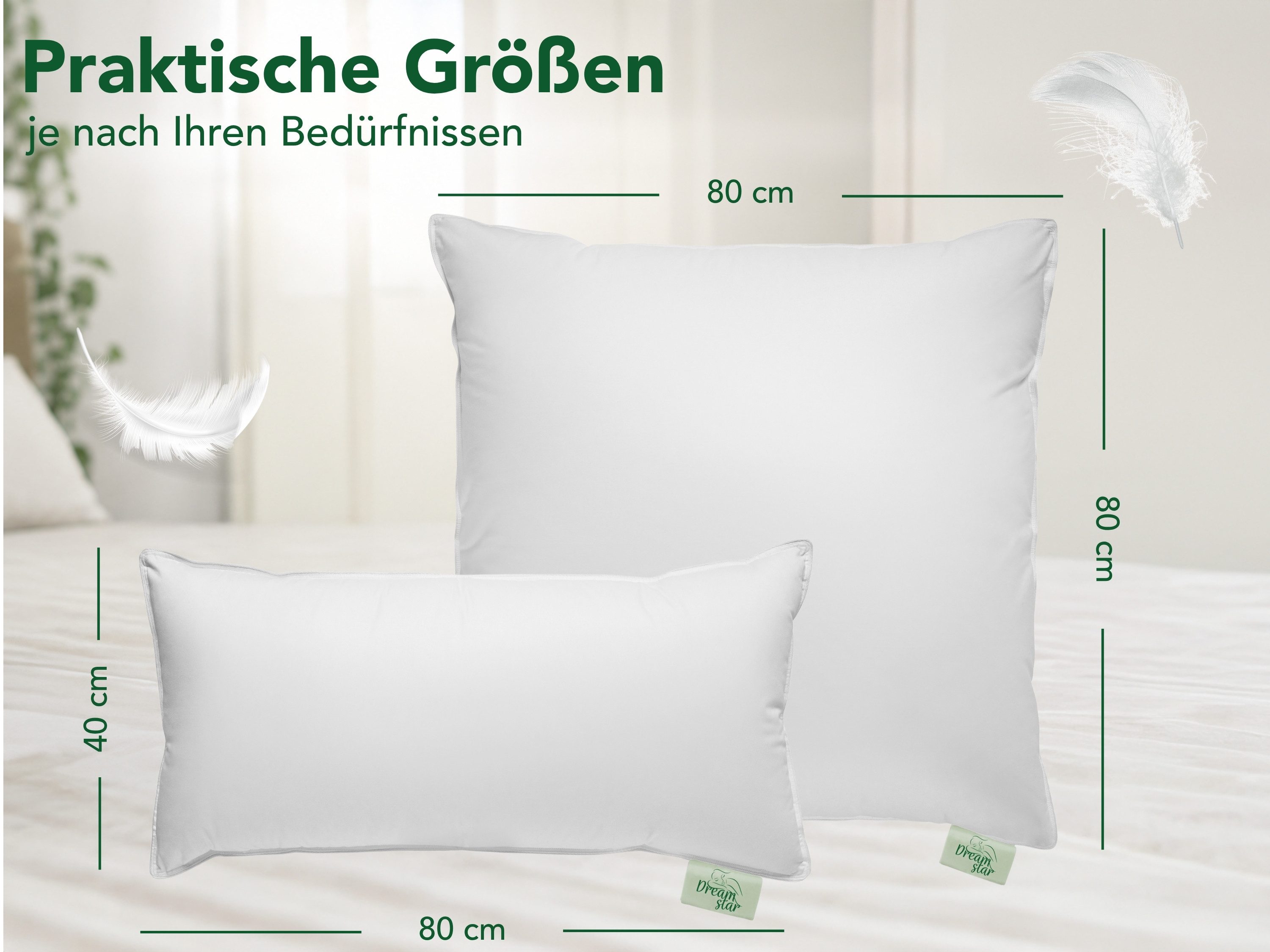 Dreamstar 3-Kammer-Kopfkissen Daunenkissen 40x80 & Daunenkopfkissen 80x80, entwickelt in Deutschland, Füllung: weiße, neue Daunen & Federn Klasse I, 60% Daunen/ 40% Federn (Außen), 100% Federn (Innen), Bezug: 100% Baumwolle, Seitenschläfer, Bauchschläfer, Rückenschläfer, Kopfkissen stützend und kuschelig, Allergikergeeignet, Luxusqualität