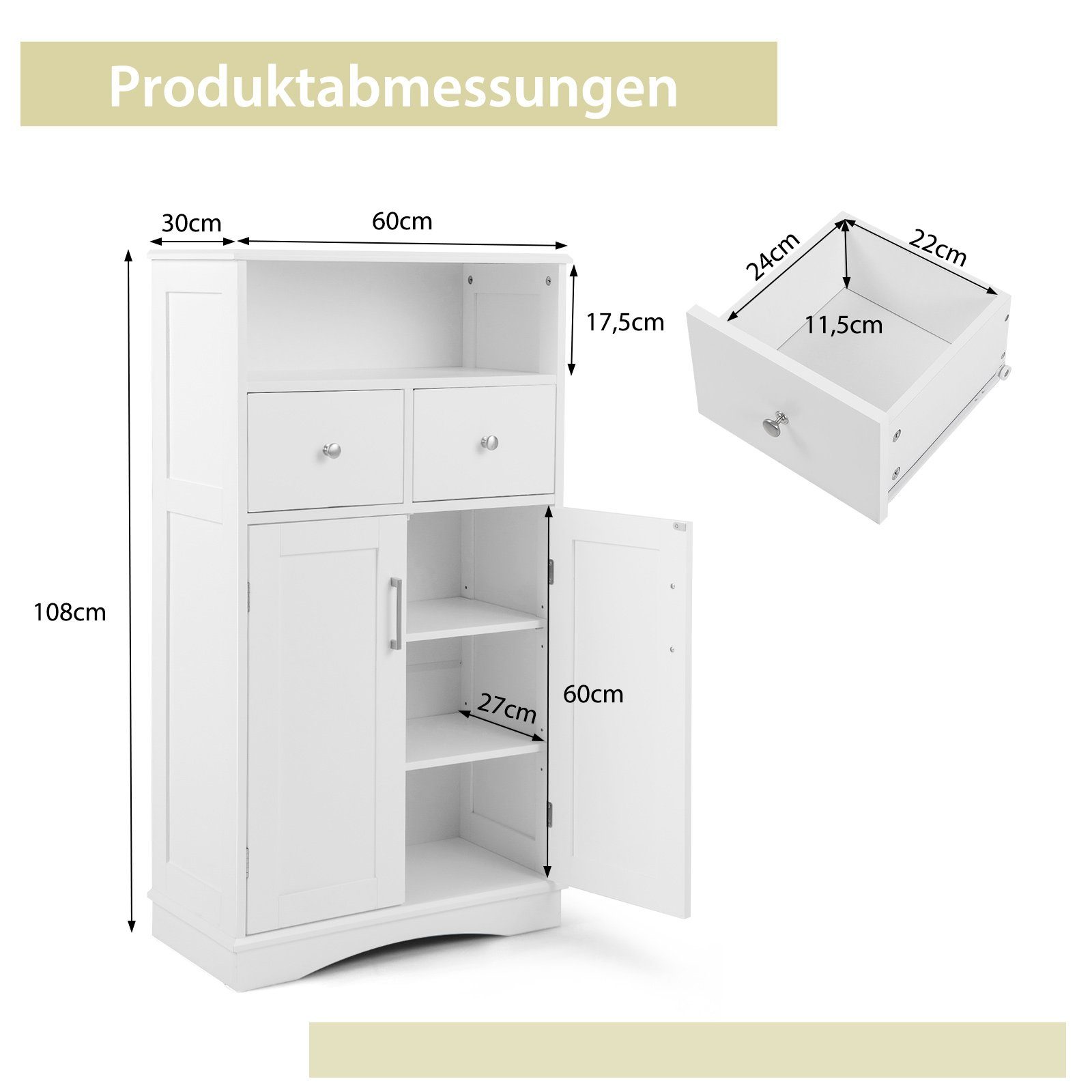 COSTWAY Badkommode mit 2 Schubladen & 2 Türen, verstellbar, 60x30x108cm