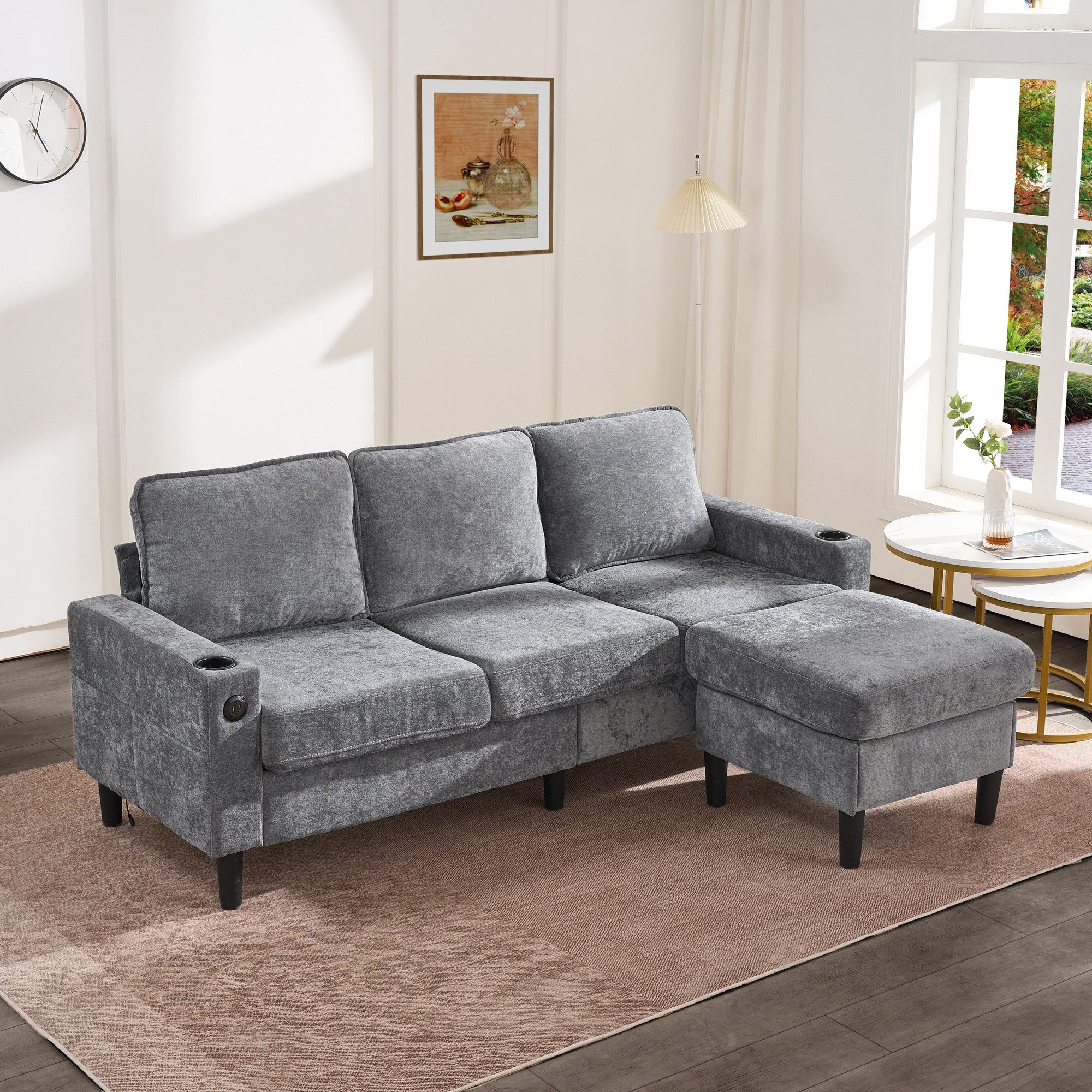 Odikalo Ecksofa ​​Freizeitsofa Loungesofa Getränkehaltern L-förmiges Leinen Grau/Beige