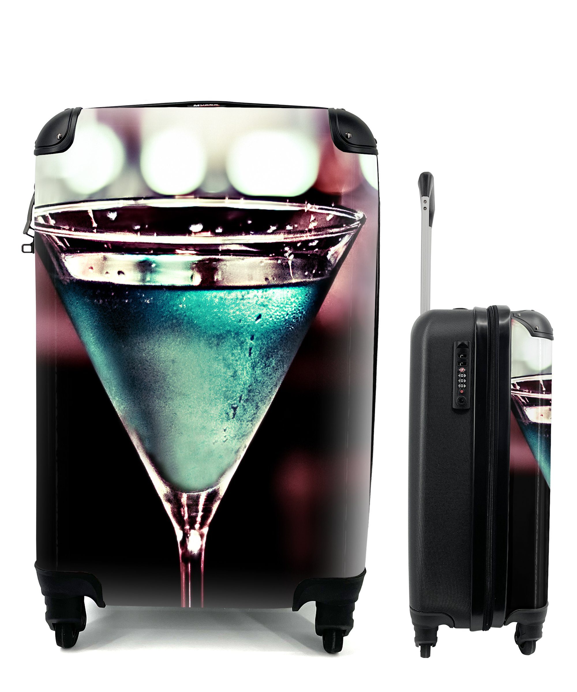 MuchoWow Handgepäckkoffer Blauer Martini-Drink in Retro-Farben, 4 Rollen, Reisetasche mit rollen, Handgepäck für Ferien, Trolley, Reisekoffer
