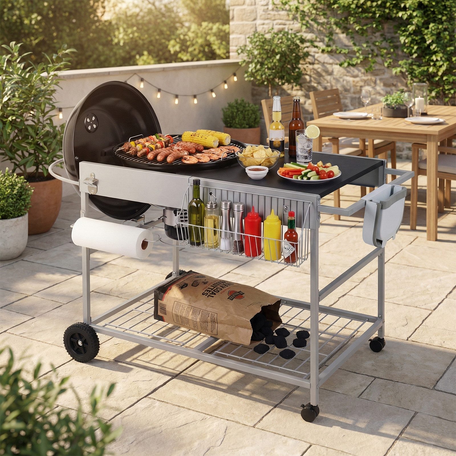 COSTWAY Grillablagetisch, Grillwagen Outdoor, Grilltisch mit 4 Rollen