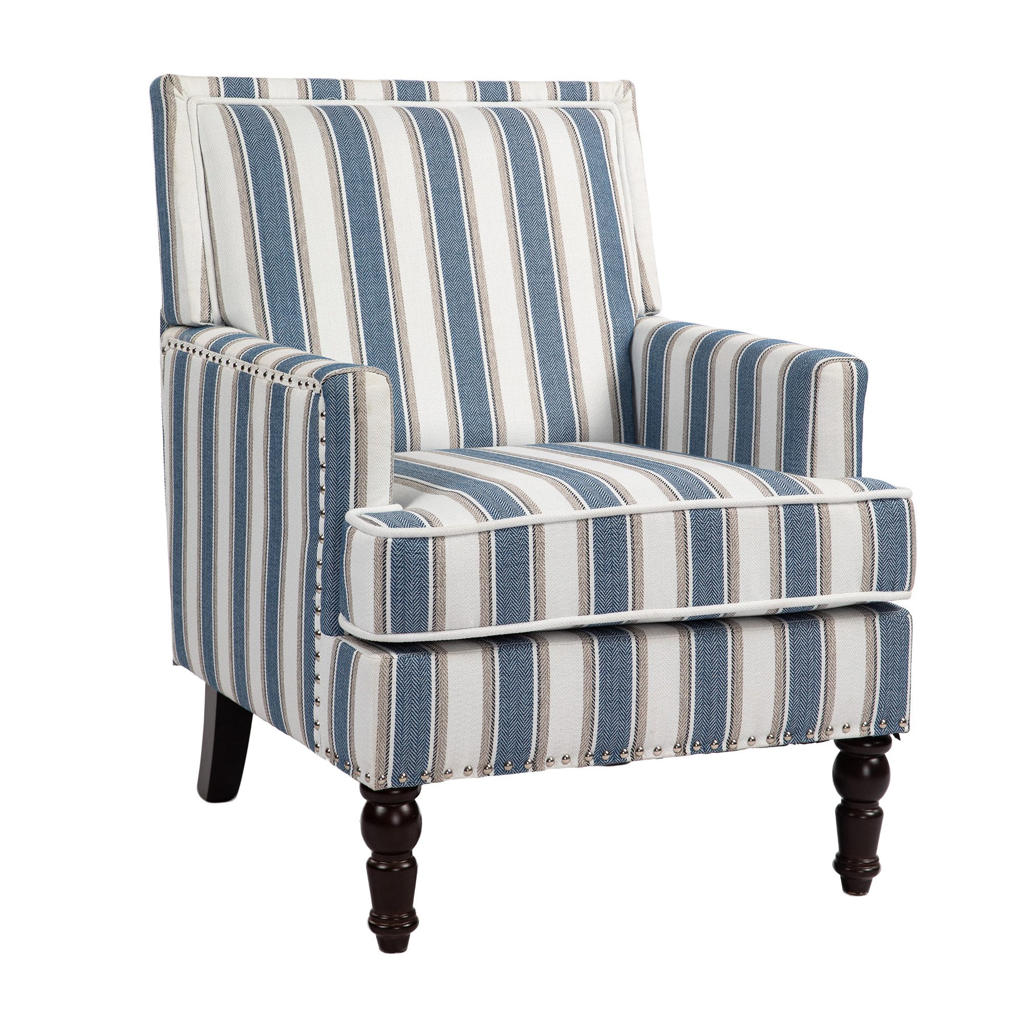 KLAM HOME Loungesessel Retro-Sessel aus blau-weiß gestreiftem Baumwoll-Leinenstoff (Wohnzimmer Sessel mit edler Nagelkopfeinfassung & Massivholzrahmen), Bequemer Polster-Sessel mit Hochdicht-Schaum für stilvolle Innenräume