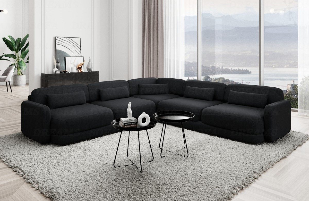 Sofa Dreams Ecksofa Polster Loungesofa Modern Eck Couch Stoff Eckcouch Valencia L Form, 4-Sitzer, Lounge, Polsterbezug, Strukturstoff Bezug in Schwarz