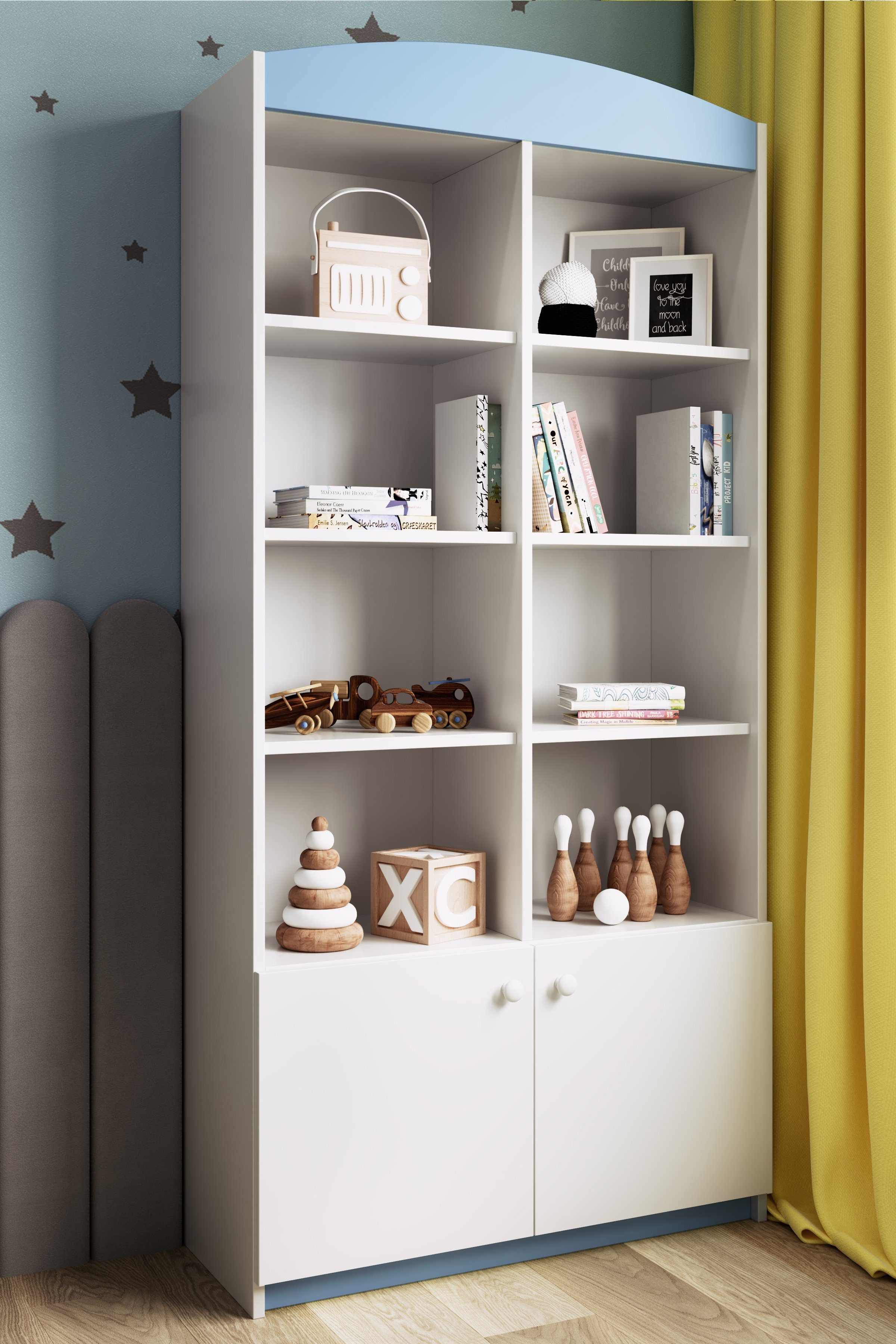 Fächer, Babydream mit Doppel-Bücherregal, Aufbewahrungsschrank offene 8 Bücherregal Kinderzimmer für Bjird blau