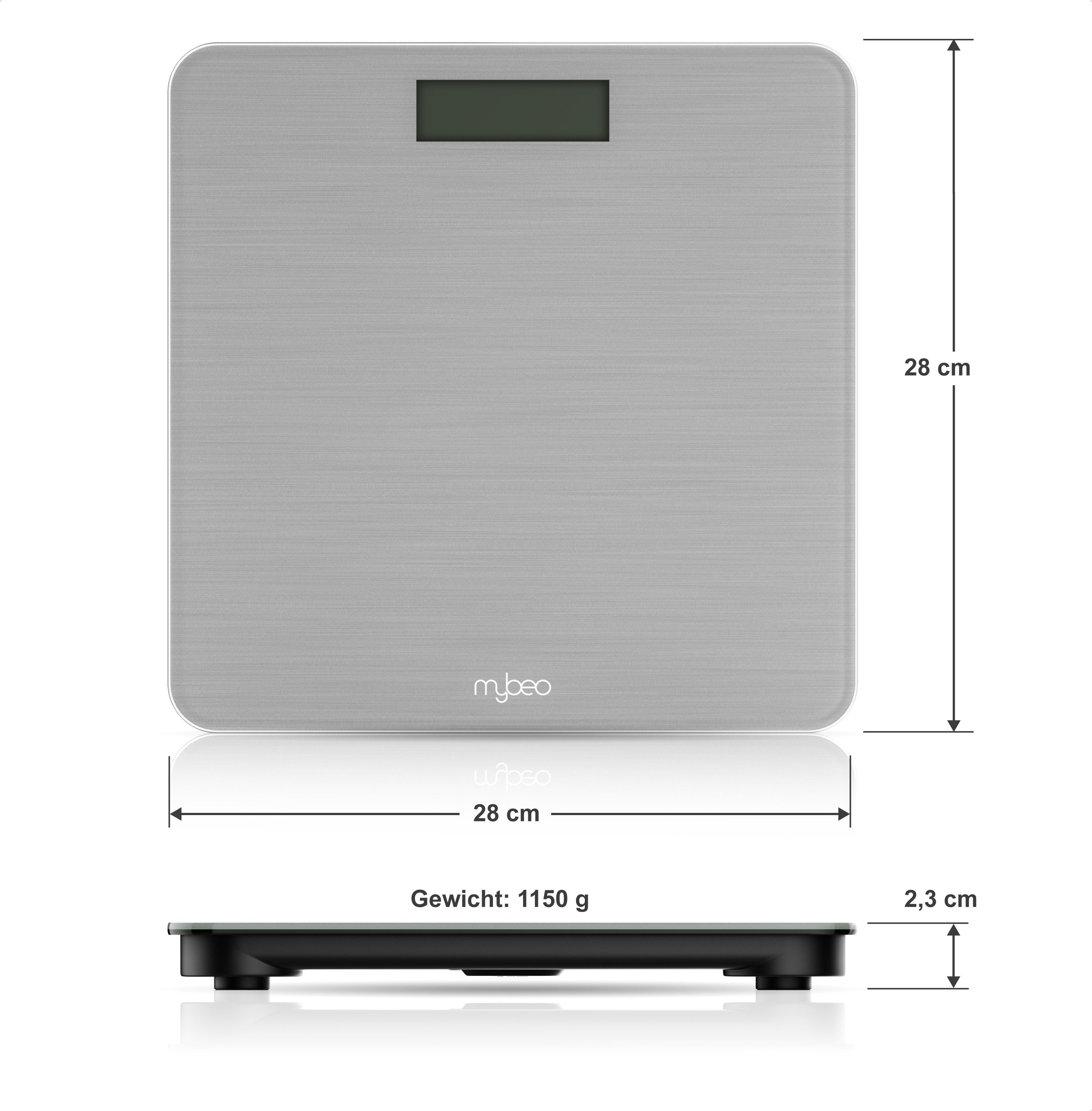 MyBeo Personenwaage digitale Waage für Personen, große Trittfläche aus 6mm Sicherheitsglas, 1-tlg., Badezimmer Digitalwaage, schmales Design, max. Belastung über 150 kg
