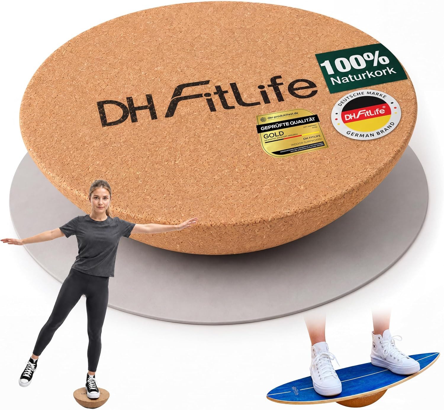 DH FitLife Balanceboard Kork-Halbkugel für Surf Balance Board 30x10 cm, 360° Balance Trainer aus Naturkork, rutschfest & bodenschonend