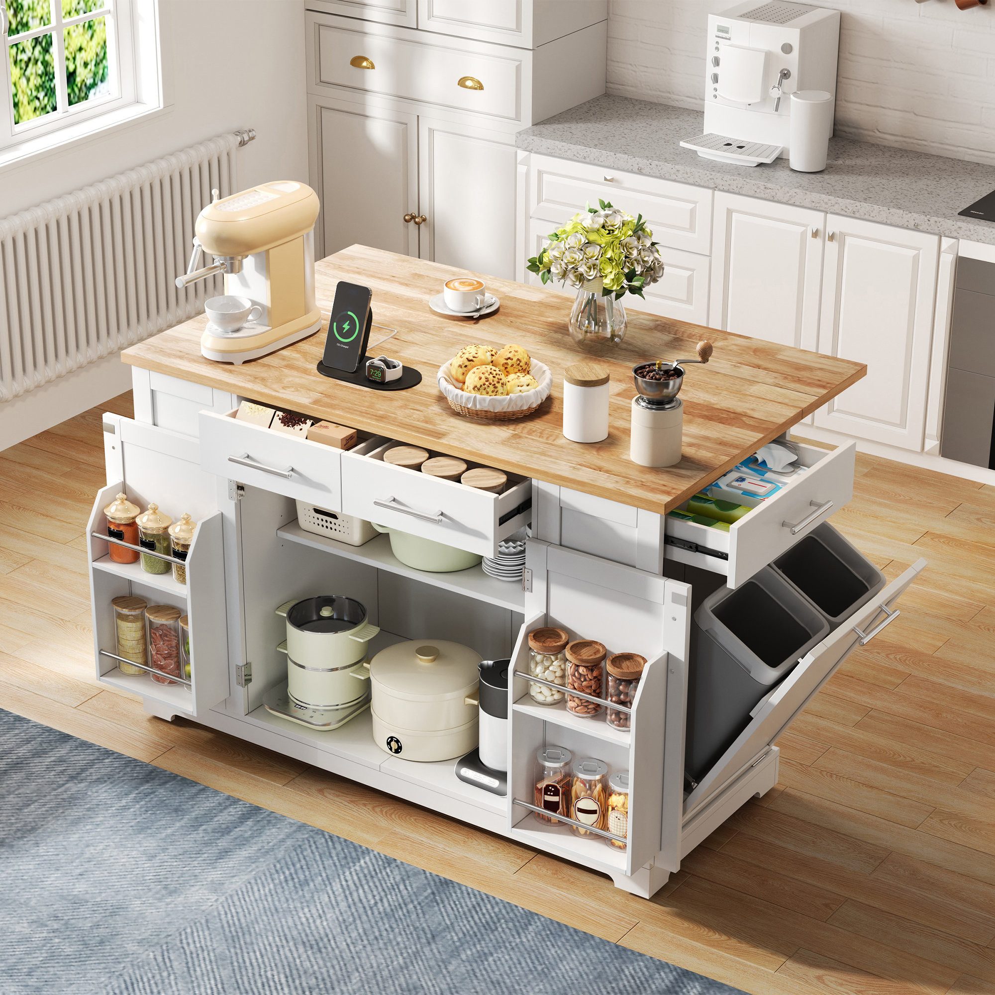 Odikalo Kücheninsel Küchenwagen Sideboard mit Klapparbeitsplatte EU-Steckdose, (138 cm,Moderne Kücheninsel mit Klapparbeitsplatte, geräuscharmen Rollen, EU-Steckdose, verstellbaren Regalen und Auszieh-Müllraum)