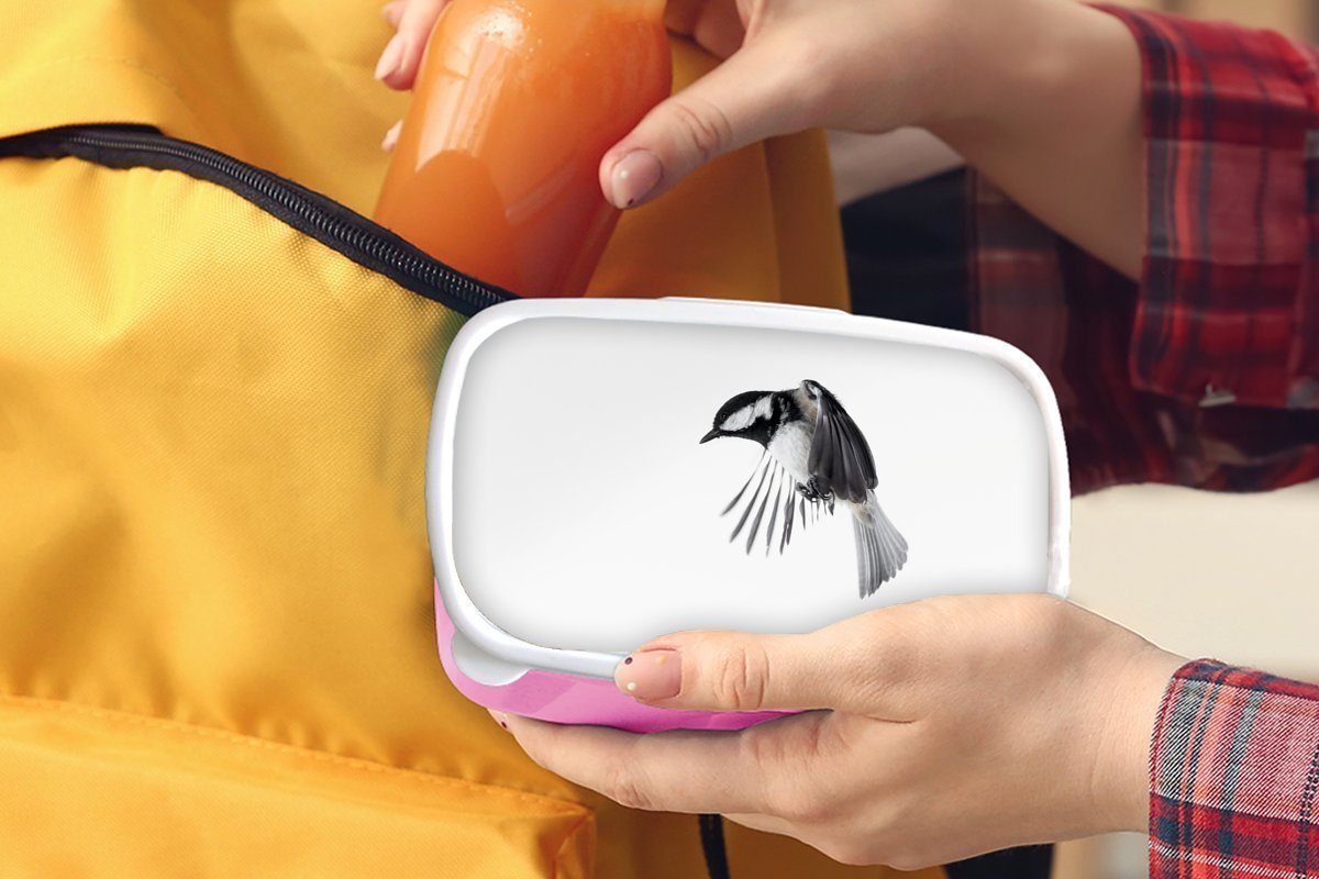 Kunststoff, Erwachsene, rosa Lunchbox Brotbox für Weiß, Vogel Mädchen, Brotdose Schwarz - Kunststoff Snackbox, - Kinder, Federn (2-tlg), - MuchoWow