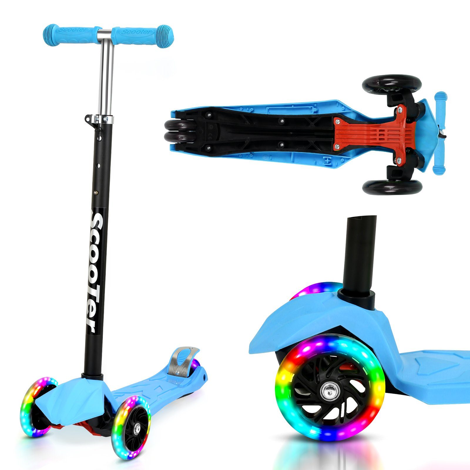 Lospitch Scooter Kinderroller Tretroller LED-Räder bis 50 kg Höhenverstellbar Blau