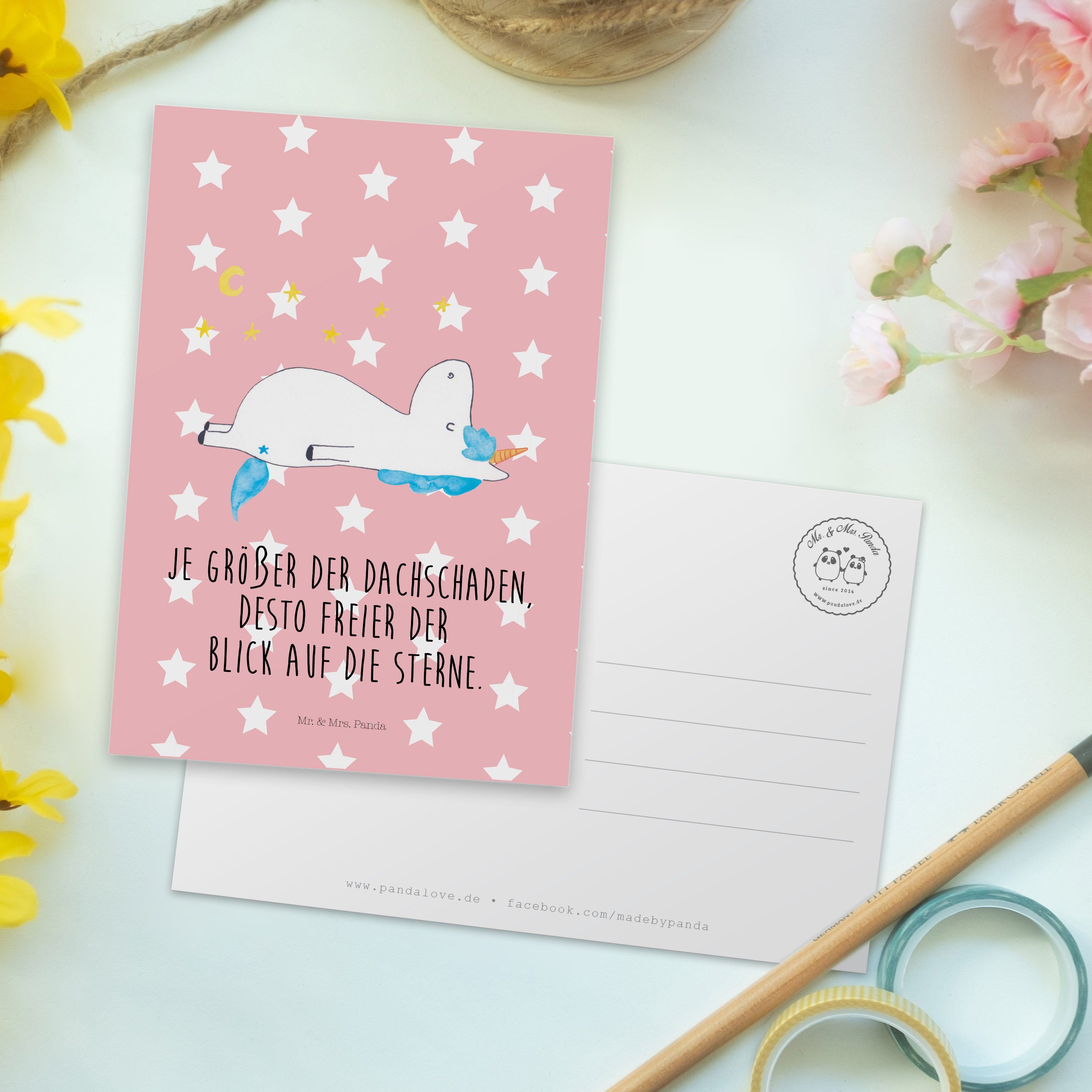 Postkarte Pastell & Mrs. Pega - Panda Einhorn - Einladungskarte, Geschenk, Mr. Rot Sternenhimmel