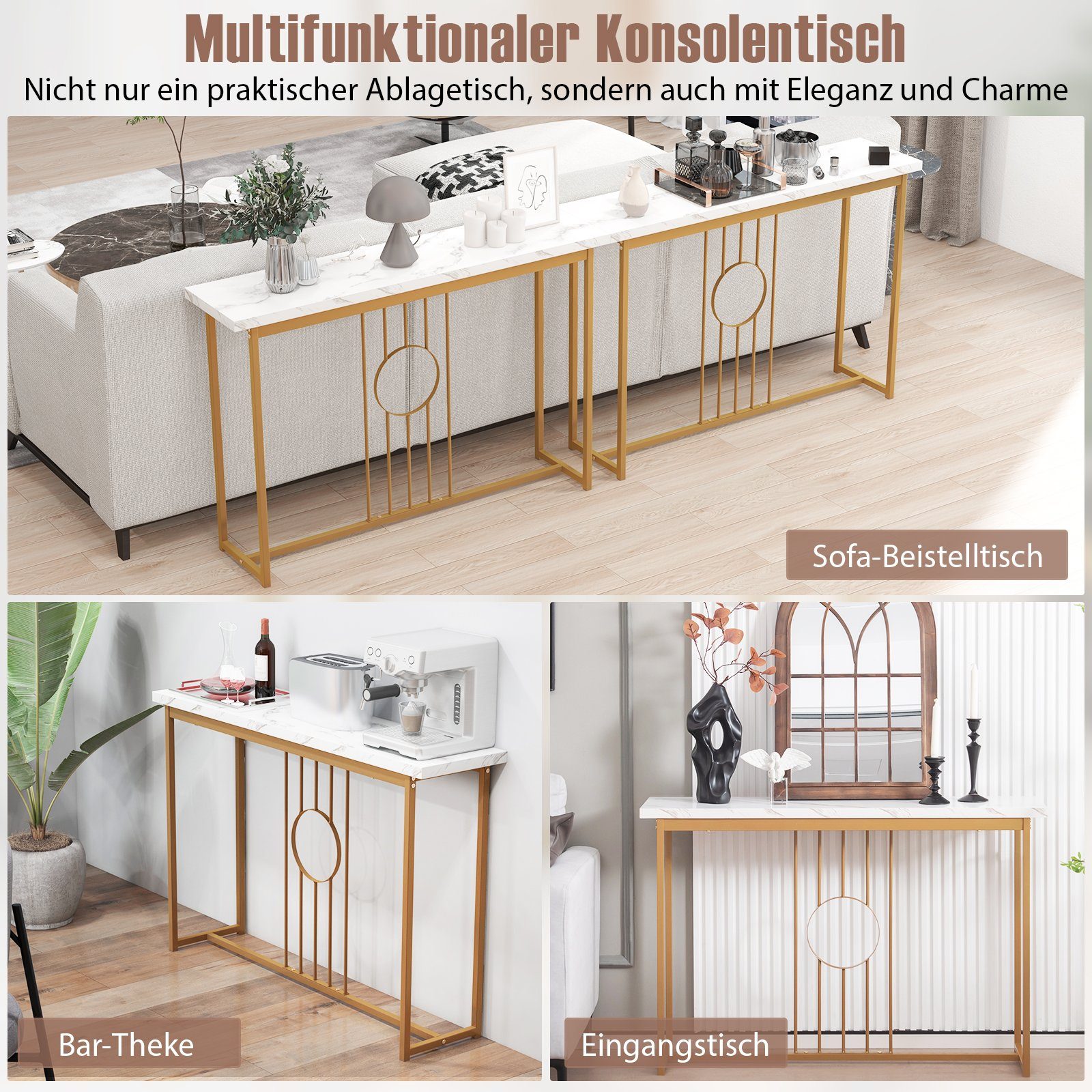 COSTWAY Konsolentisch, Mamor, schmal, Metallgestell, gold, 120x30x80,5cm günstig online kaufen