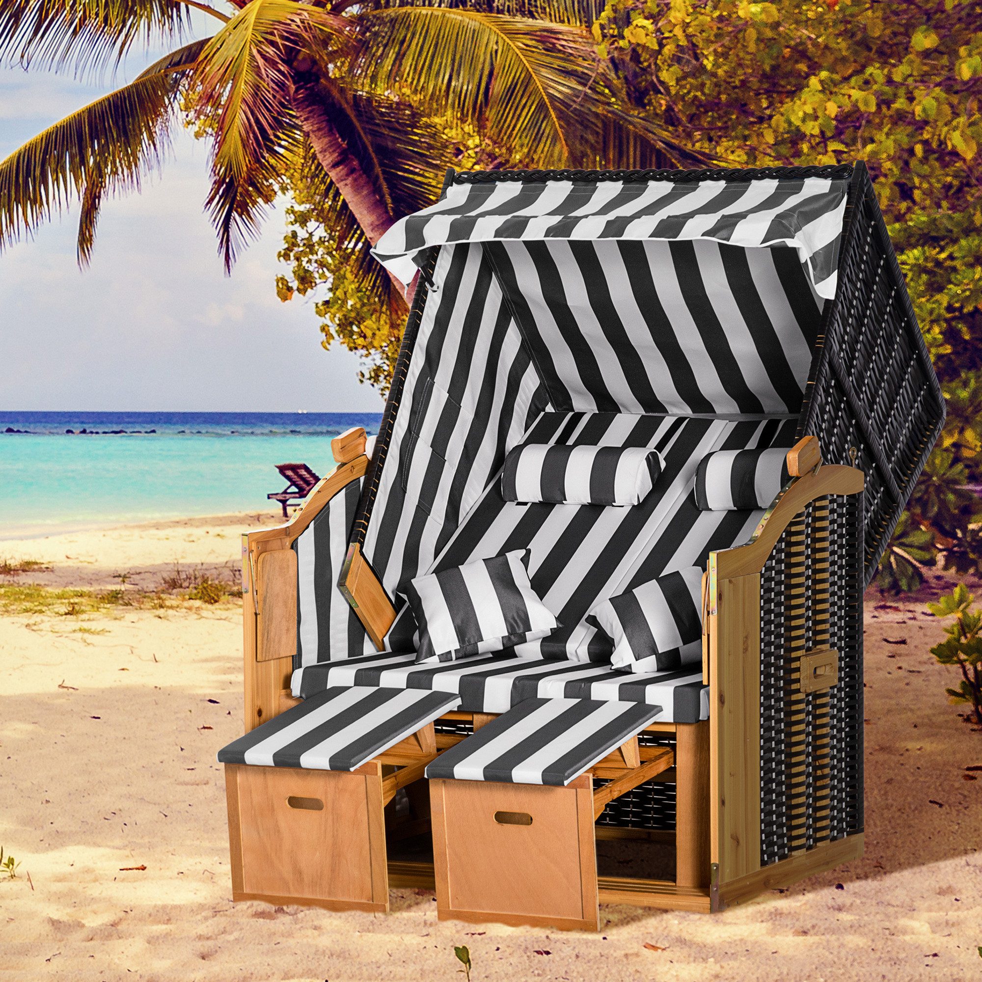 Outsunny Strandkorb Ostsee Volllieger Strandkorb aus Tannenholz, PE Geflecht, Grau+Weiß, BxTxH: 118x79x160 cm, Halblieger, 867-059GY, (Sonnenliege, 1-tlg., Doppelte Sonnenliege), 2-Sitzer