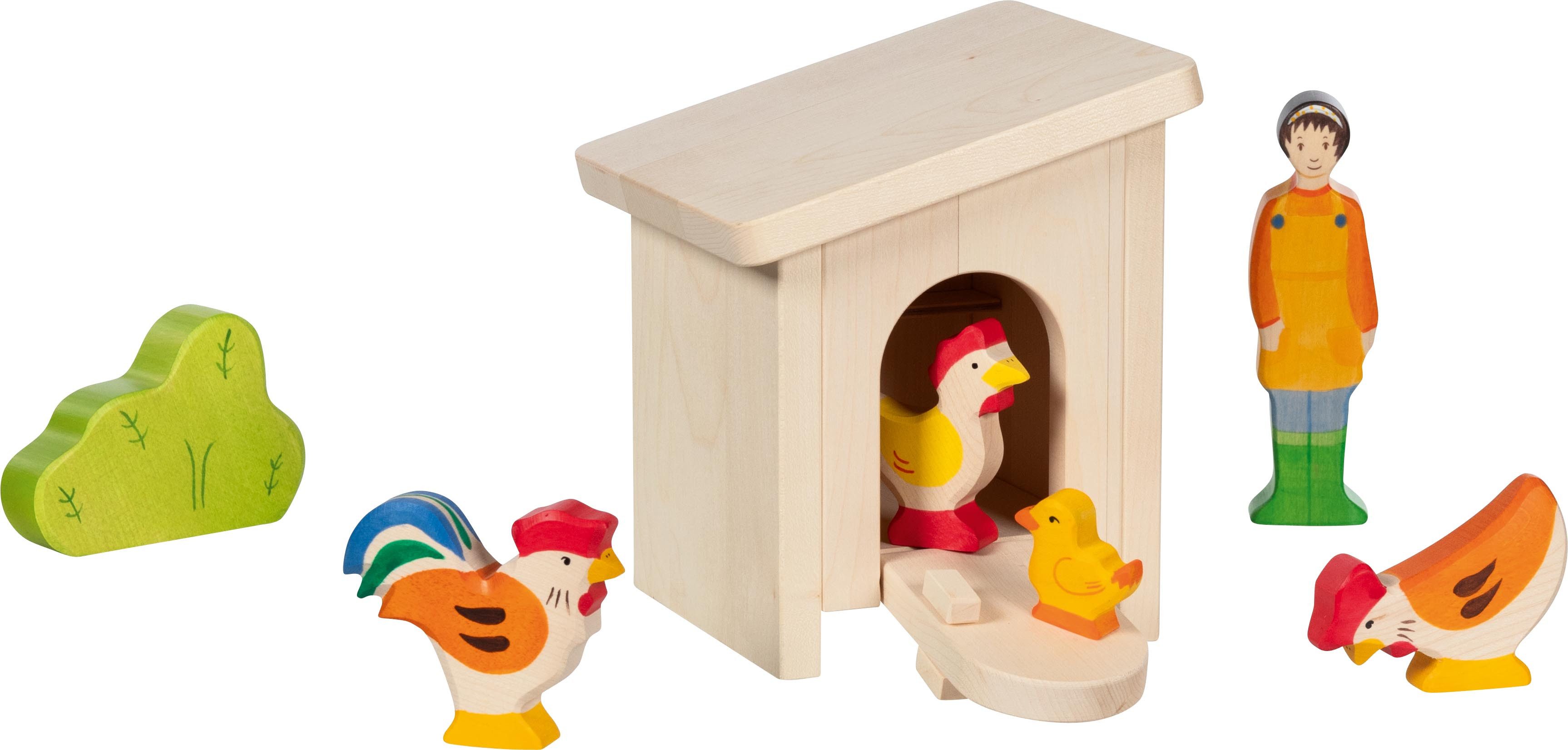 Holztiger Spielwelt Kleiner Stall aus Holz, montiert, mit handbemalten Holzfiguren, (7-tlg)