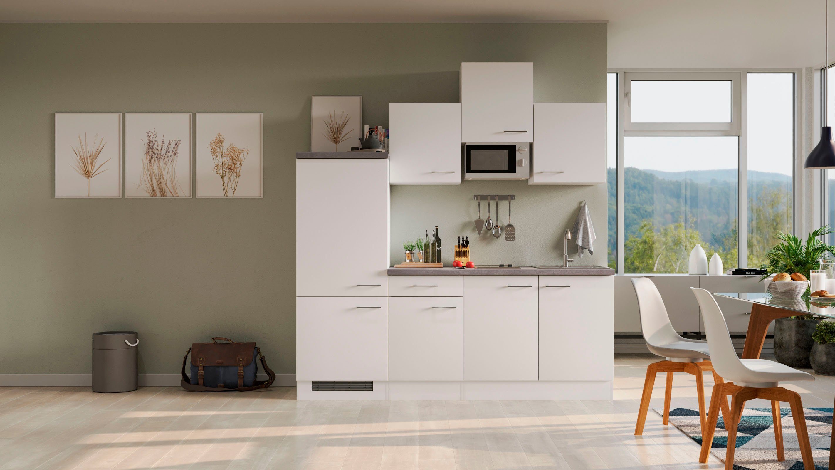 Flex-Well Küchenzeile Kopenhagen, Breite 210 cm, mit Kühlgerät und Glaskeramikkochfeld sowie Mikrowelle