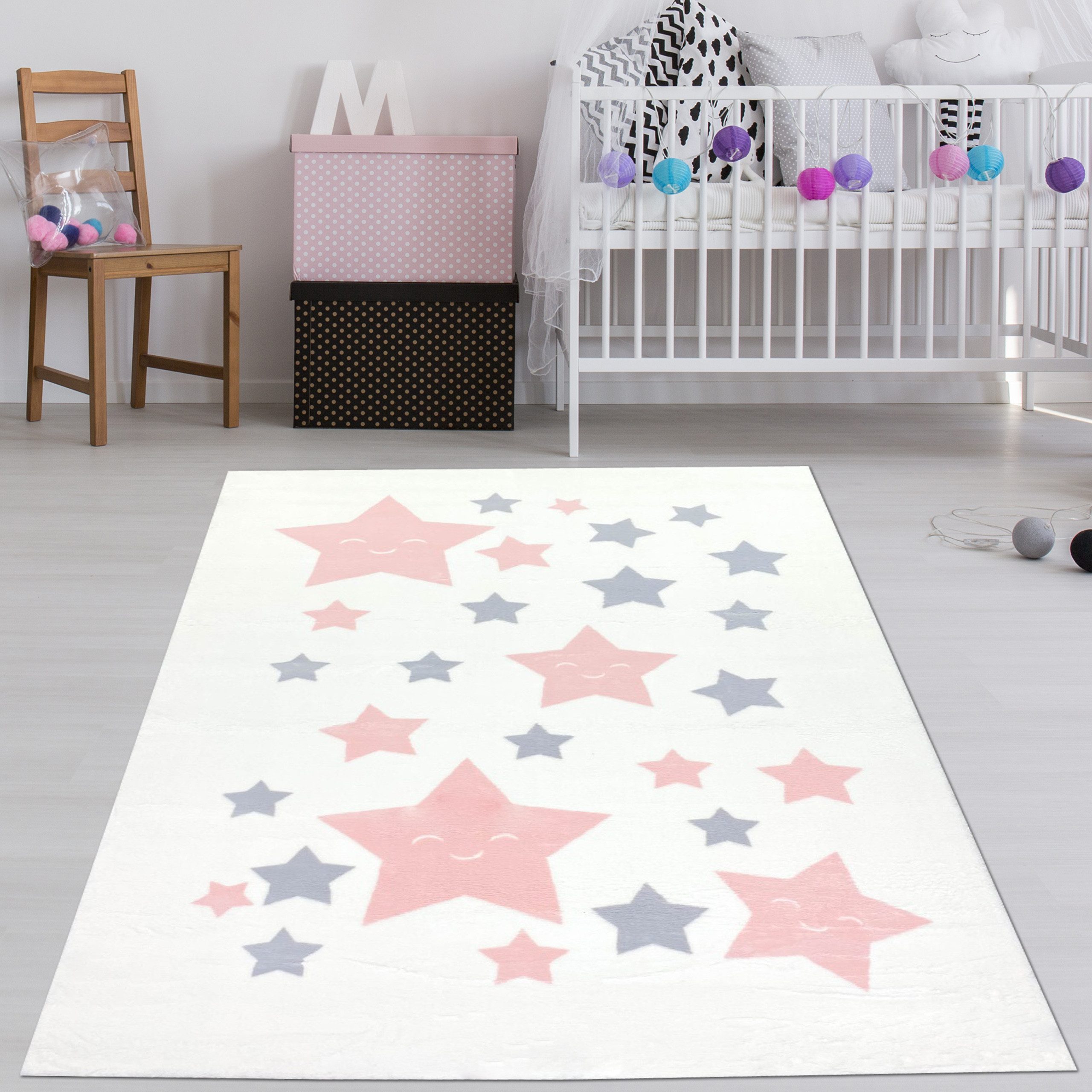 Kinderteppich Weicher Kinderzimmer-Teppich mit rosa/grauen Sternen, weiß, TeppichHome24, rechteckig, Höhe: 18 mm