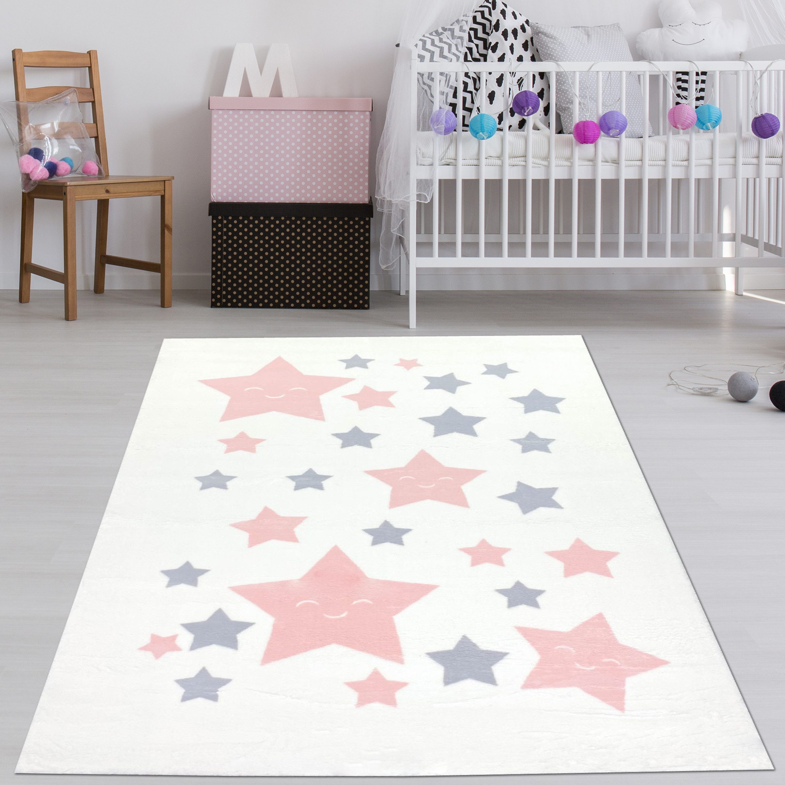Kinderteppich Weicher Kinderzimmer-Teppich mit rosa/grauen Sternen, weiß