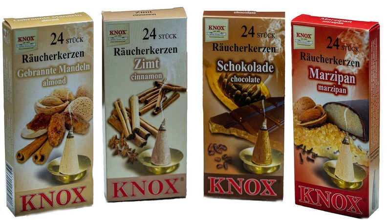 KNOX Duftkerze »078600, Räucherkerzen 4er Set: Bäckerei«, 4 Düfte, je 24 Stück: Marzipan, Schokolade, Zimt & Gebrannte Mandeln - Made in Germany