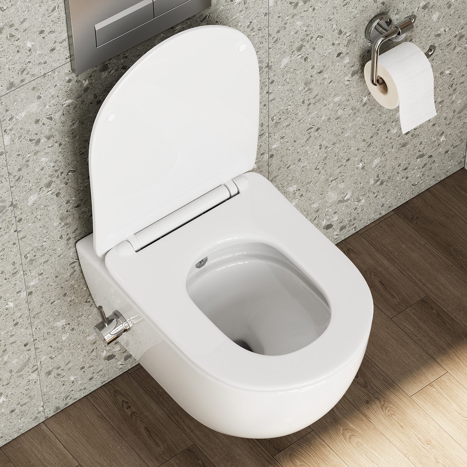 HOROW Dusch-WC Taharet -WC mit Softclose Toilettensitz, spülrandlose Toilette, Toilette mit Bidet-Funktion, Abgang waagerecht, Set, Wand-WC mit WC-Sitz Absenkau – Bild 2 von 5