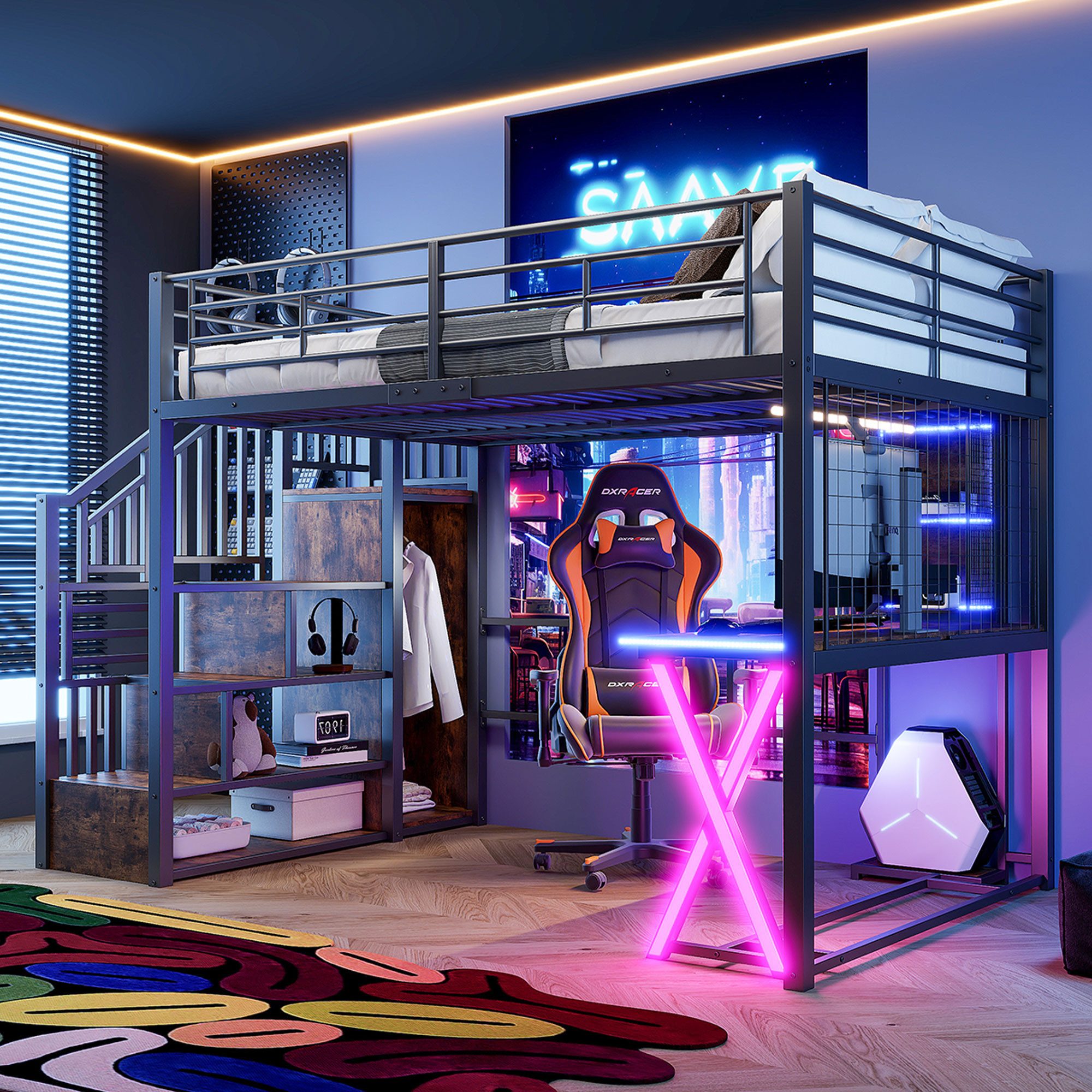 STILVORA Hochbett 140×200 Jugendbett mit Kleiderschrank,Tisch,Metallbett günstig online kaufen