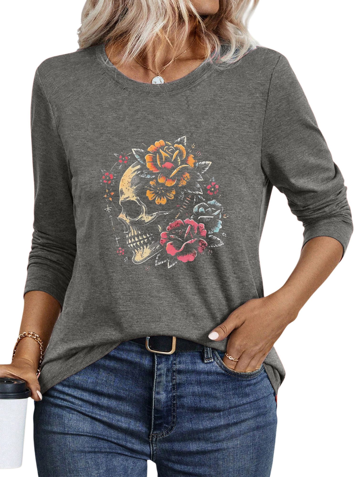 PYLIKE Longsleeve Damen Crew neck Langarm mit Schädel Druck bequemes Rundhalsshirt Geeignet für den täglichen Gebrauch im Büro und zu Hause