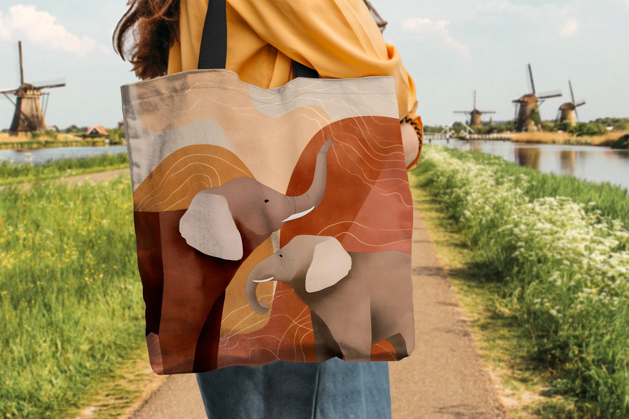 MuchoWow Shopper Elefanten - Orange - Abstrakt, Handtasche, Damen und Herren, Schultertasche, Umhängetasche, Tote Bag