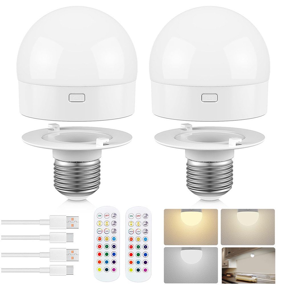 Jibenhome LED Nachtlicht Dimmbar Nachtlampe mit Fernbedienung, Nachttischlampe 3 Farbe/RGB USB, Schranklicht E27 Timer Unterbauleuchte Küche, Akku Aufladbar Batterie