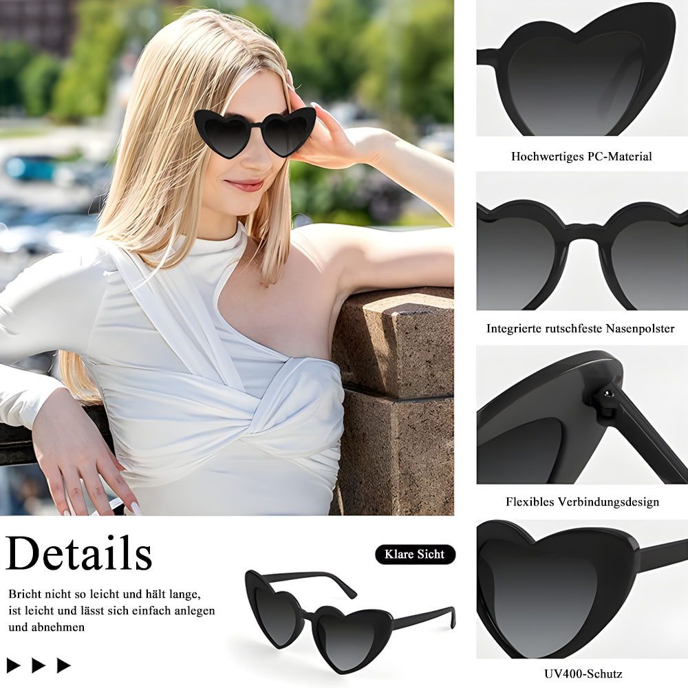 HoyoLee Sonnenbrille 12 Brillen Herz-Sonnenbrillen, Vintage-Herzform Brille, für Hochzeit