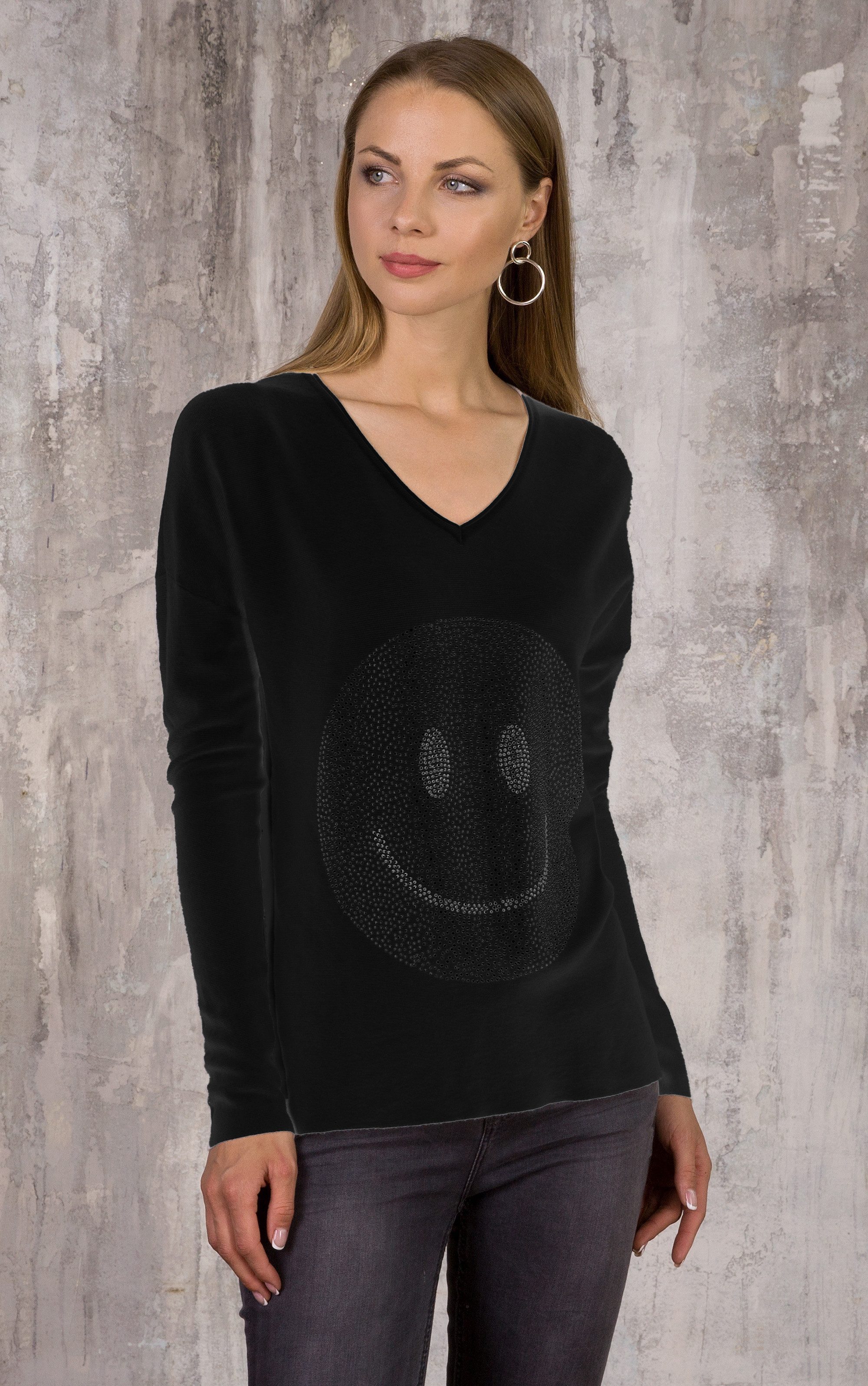 Passioni Strickpullover mit einem großen Strass-Smiley günstig online kaufen