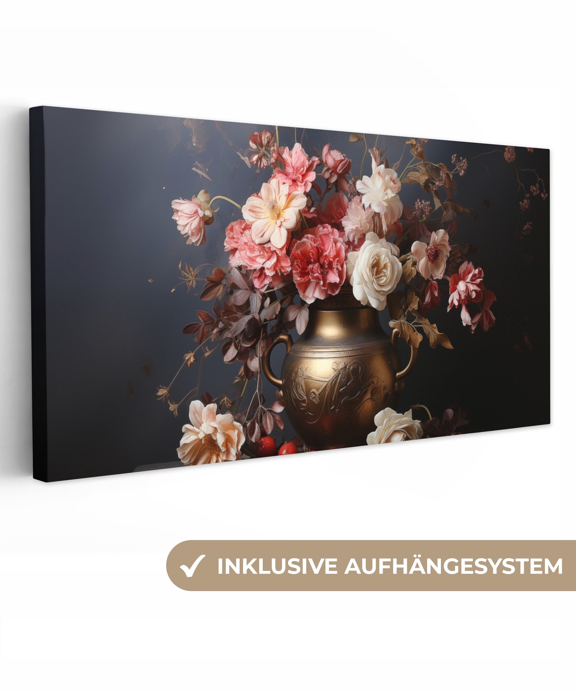 OneMillionCanvasses® Leinwandbild Panorama Stilleben - Blumen - Rosen - Blumenstrauß - Vase, Fotodruck (1 St), Vintage Deko Изображения Wohnzimmer, Wanddeko Retro, 40x20 cm