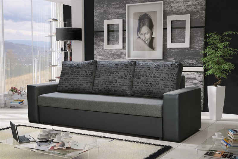 Fun Möbel Schlafsofa Sofa Designersofa LEEDS 3-Sitzer, inkl. 3 Rückenkissen, inkl. Schlaffunktion mit Bettkasten