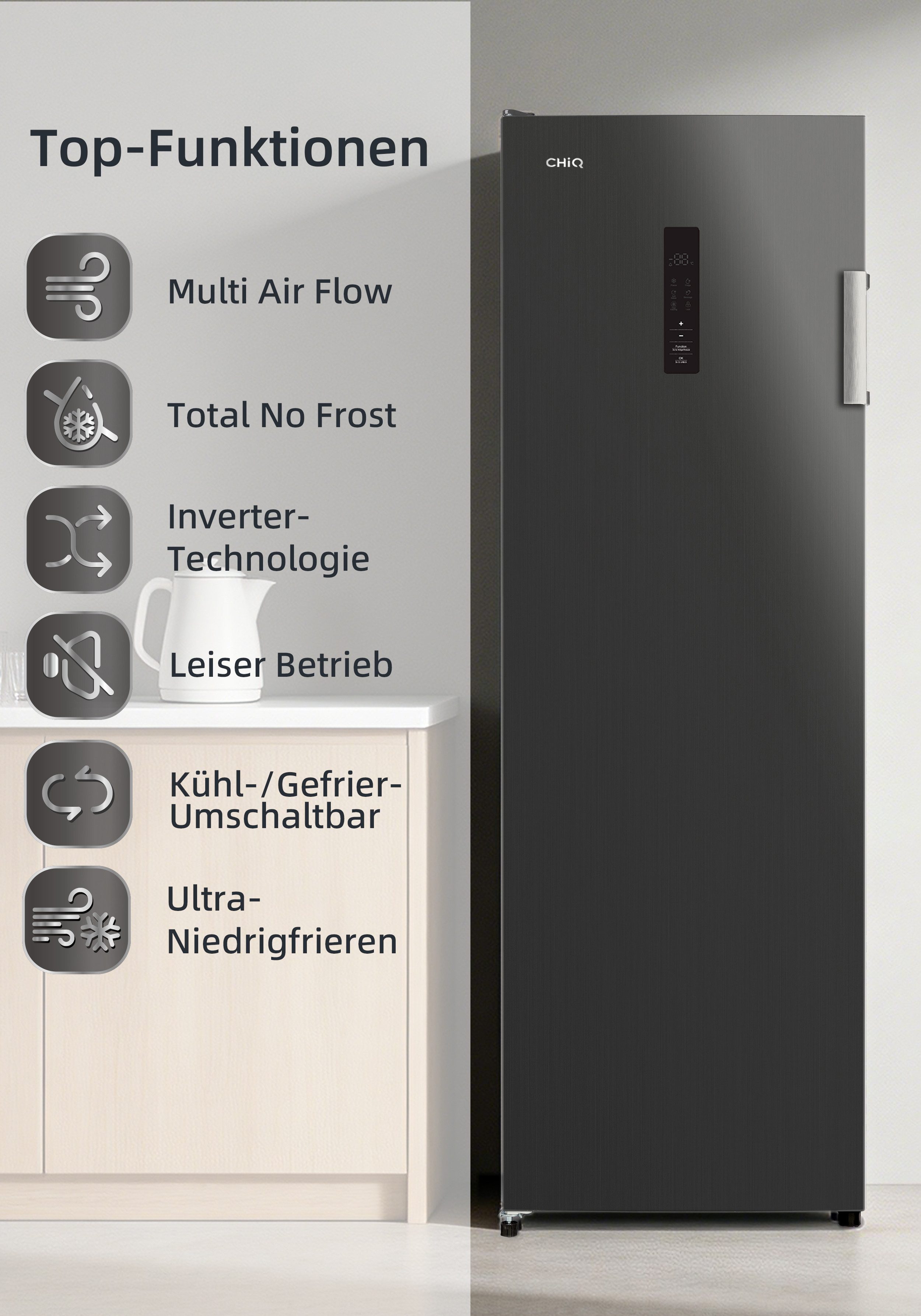 CHiQ Gefrierschrank Umschalt Kühl/Gefrier CSD206NEID, 170.5 cm hoch, 54.7 cm breit, LED Diaplay, 4-Sterne-Gefrierfunktion, 39 dB, Total No Frost