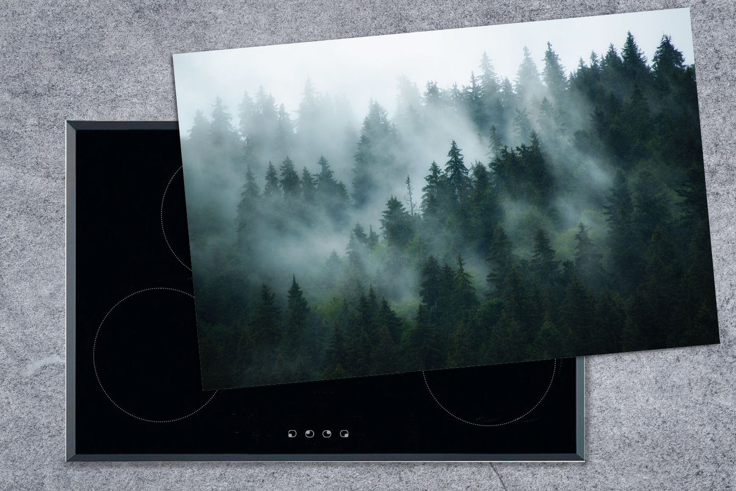 Vinyl, für (1 Induktionskochfeld Bäume küche, Herdblende-/Abdeckplatte - Wald, Schutz Ceranfeldabdeckung die MuchoWow tlg), cm, - 80x52 Nebel